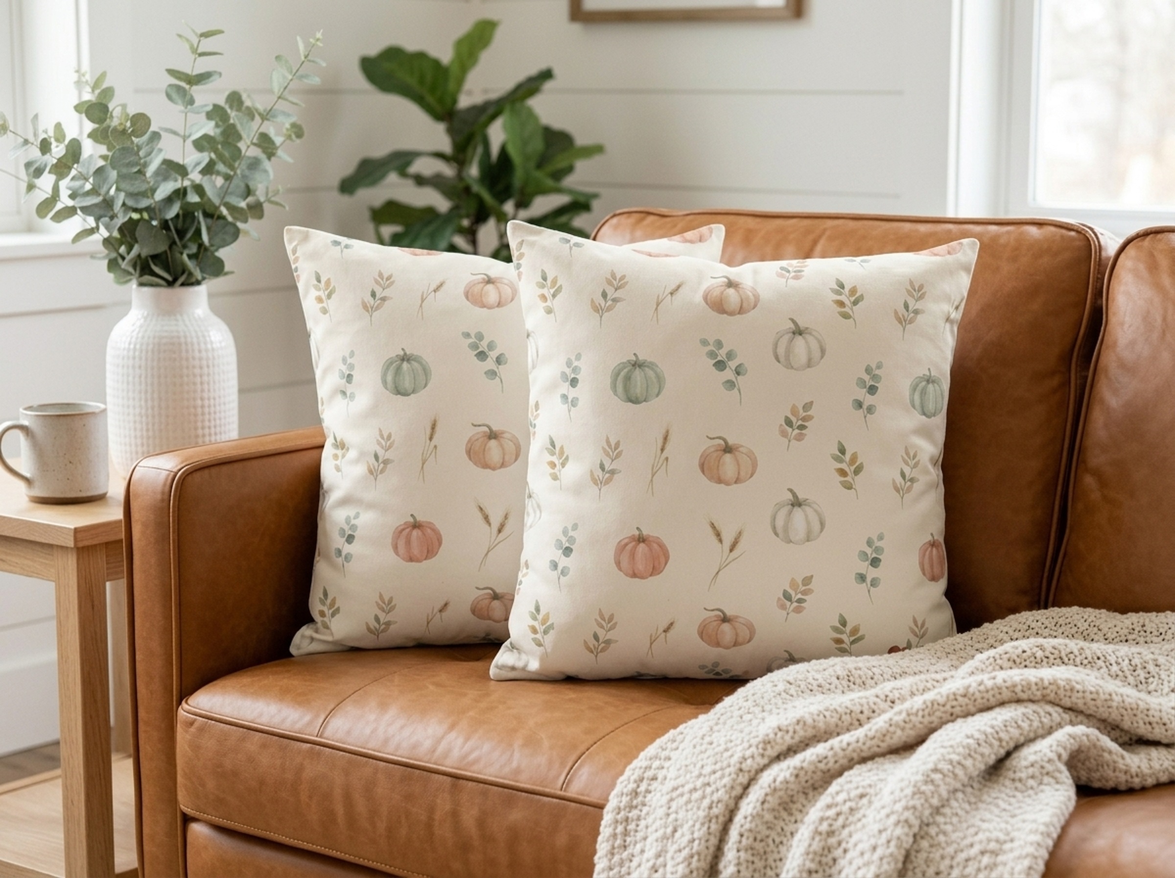 Watercolor Pumpkin Pillow Cover, Sage and Peach Neutral Fall Throw Pillow, Farmhouse Autumn Decor