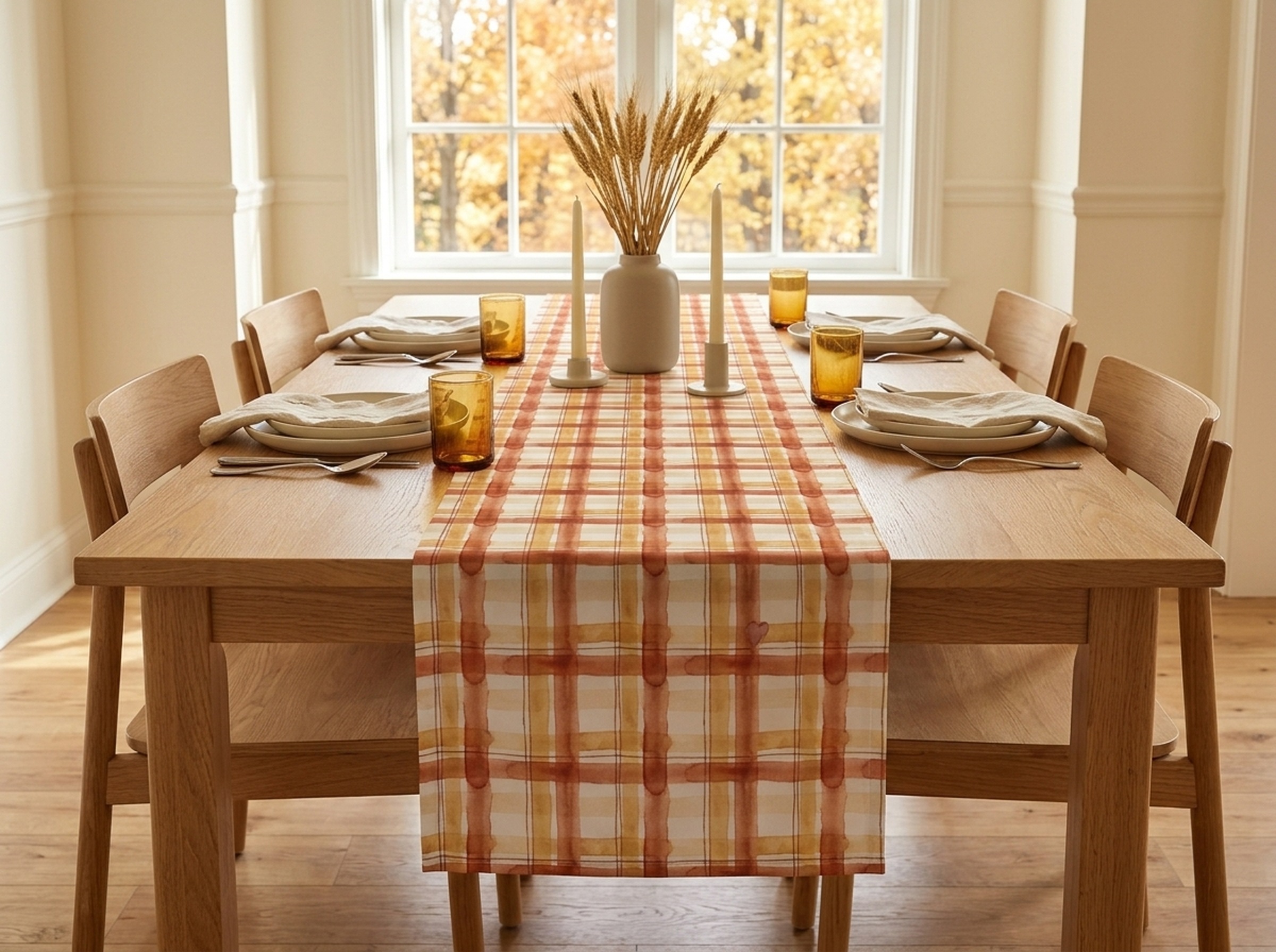Rust Plaid Table Runner, Watercolor Terracotta Fall Table Decor, Farmhouse Thanksgiving Runner