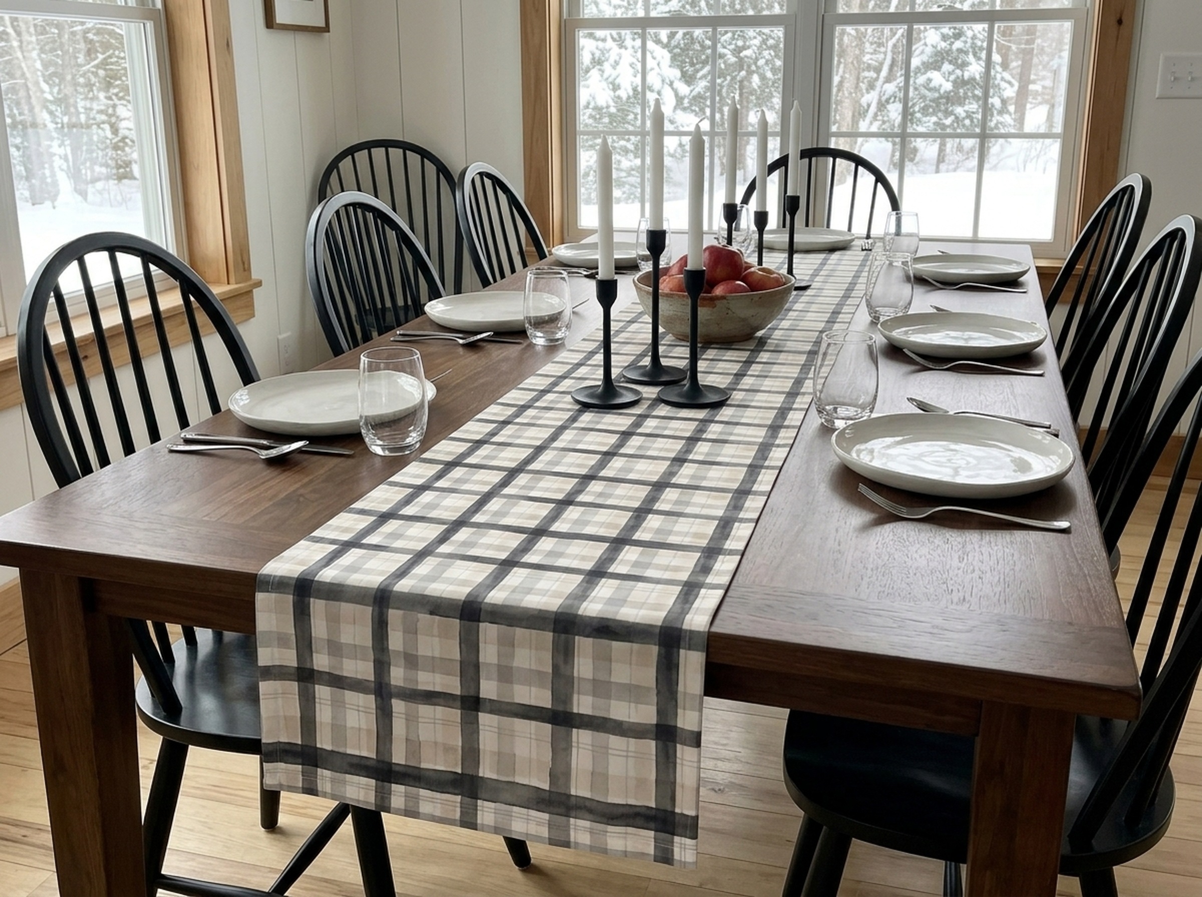 Charcoal Gray Plaid Table Runner, Watercolor Tartan Holiday Table Decor, Neutral Winter Dining