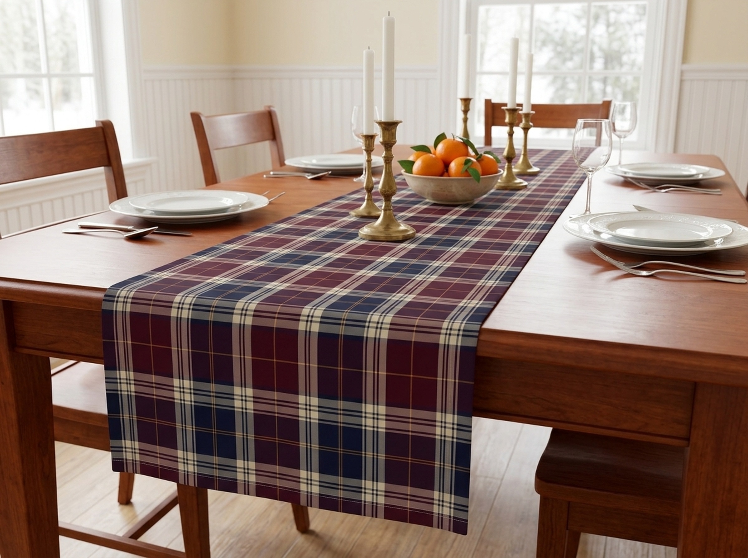 Burgundy and Navy Tartan Table Runner, Classic Plaid Holiday Table Decor, Christmas Dining