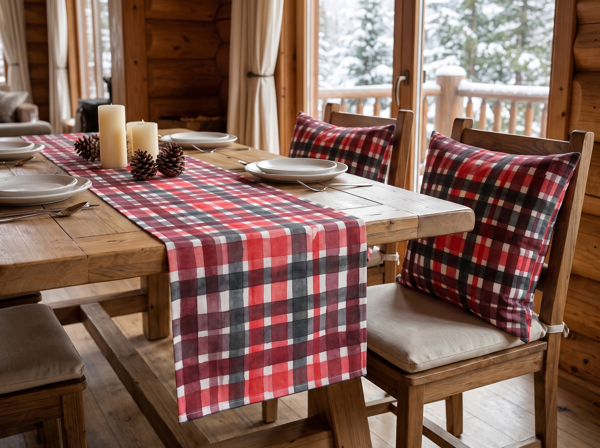 Red and Black Plaid Table Runner, Watercolor Buffalo Check Christmas Table Decor, Cabin Farmhouse Holiday Runner