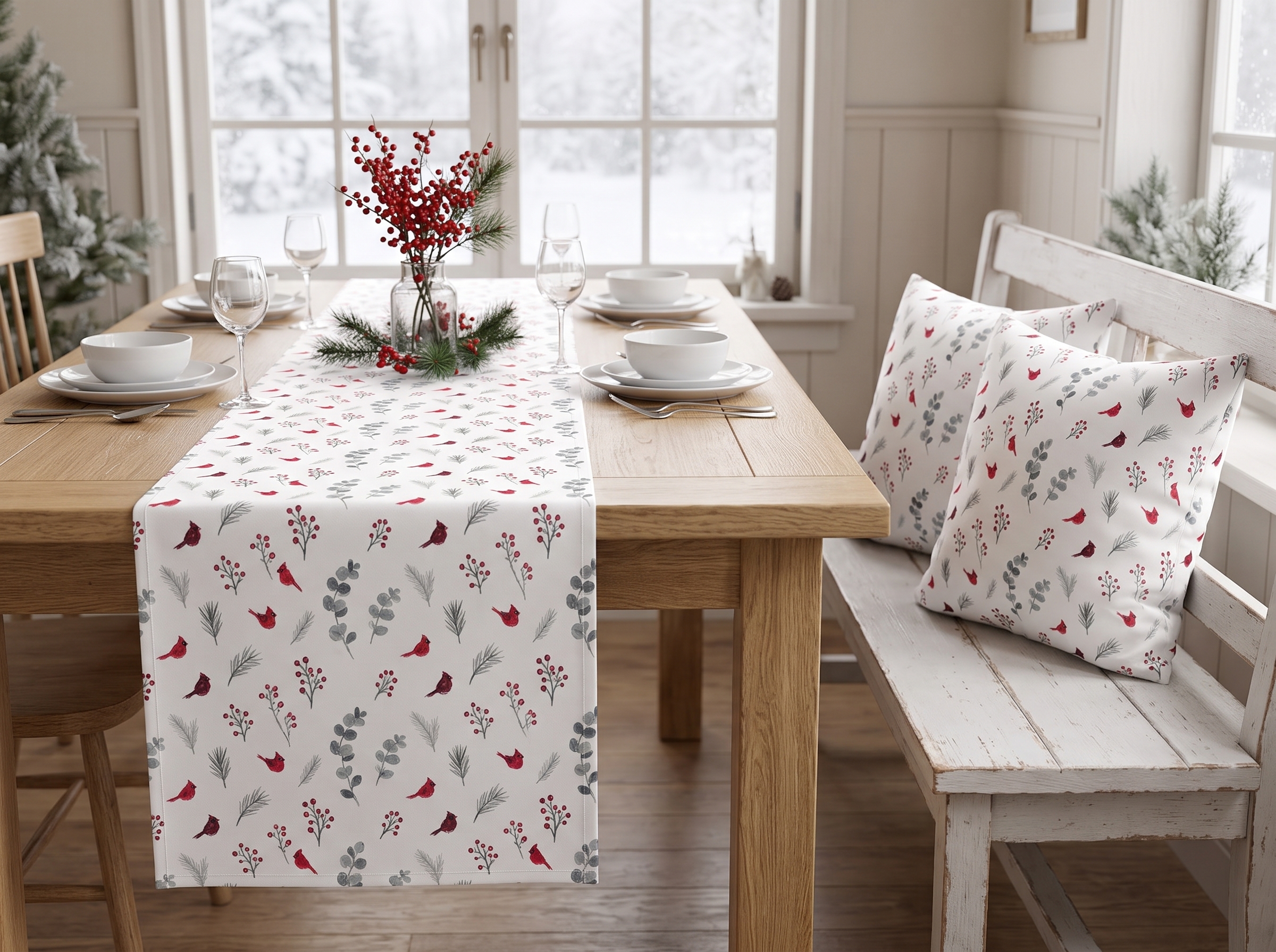 Cardinal Table Runner, Red Bird Christmas Table Decor, Botanical Winter Table Runner