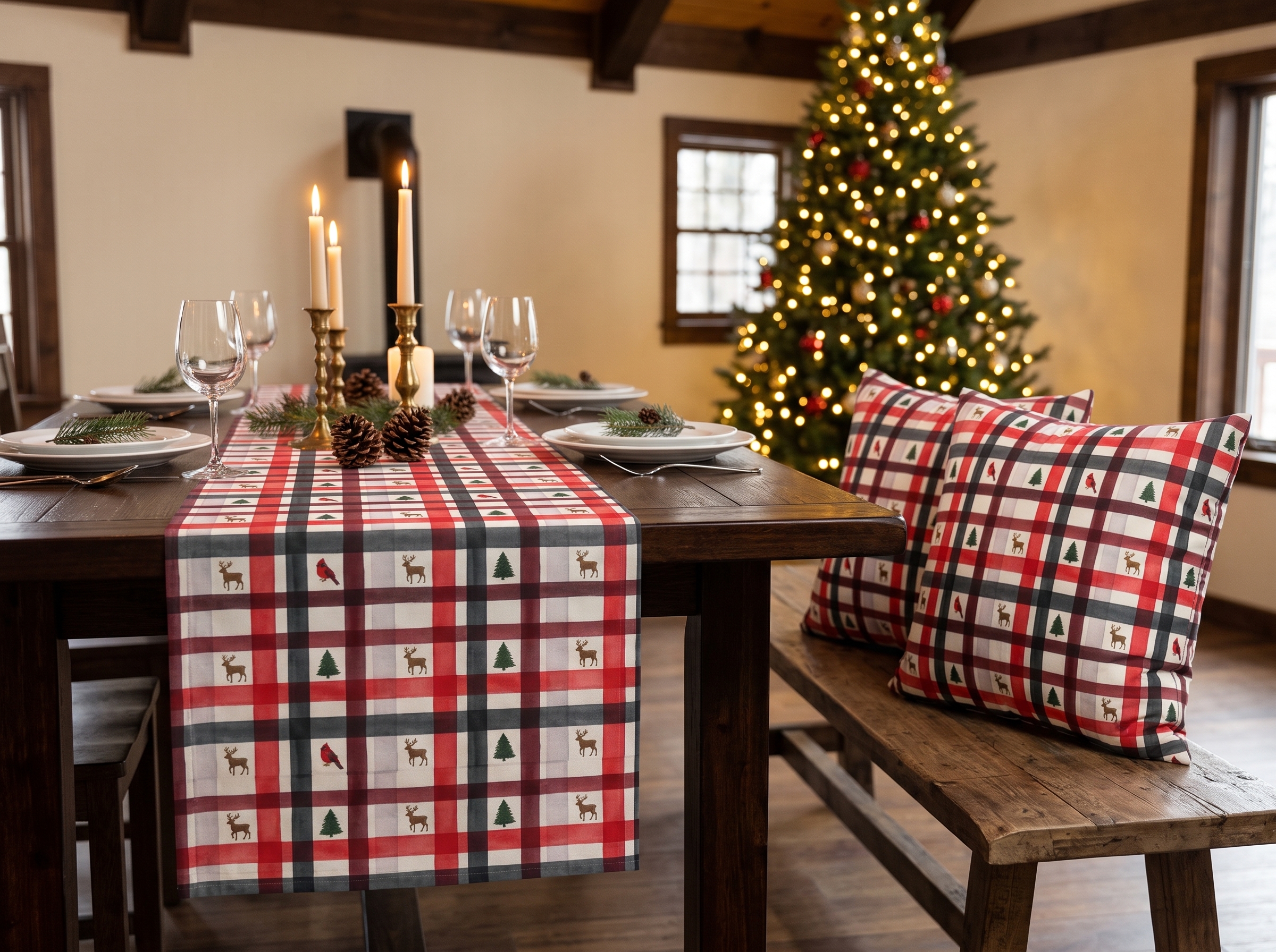 Red and White Christmas Plaid Table Runner, Reindeer Cabin Holiday Table Decor, Watercolor Plaid Runner