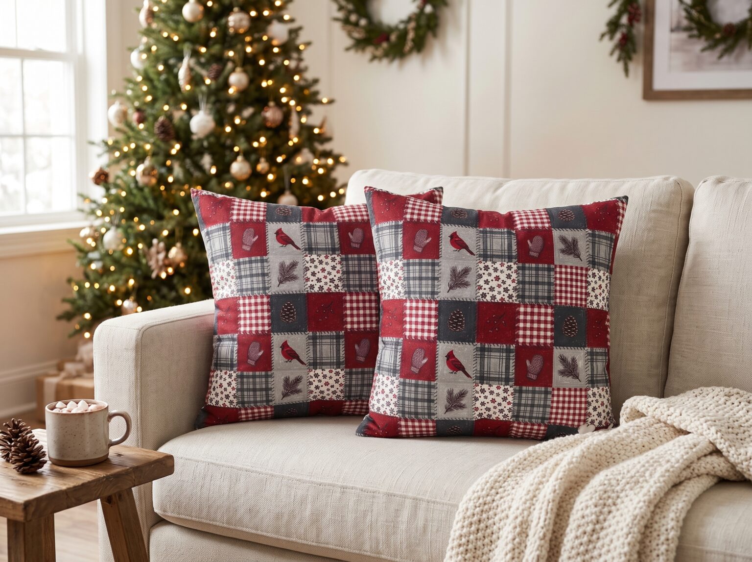 Christmas Patchwork Cardinal Pillow Cover, Quilt Look Cabin Throw Pillow, Holiday Decor