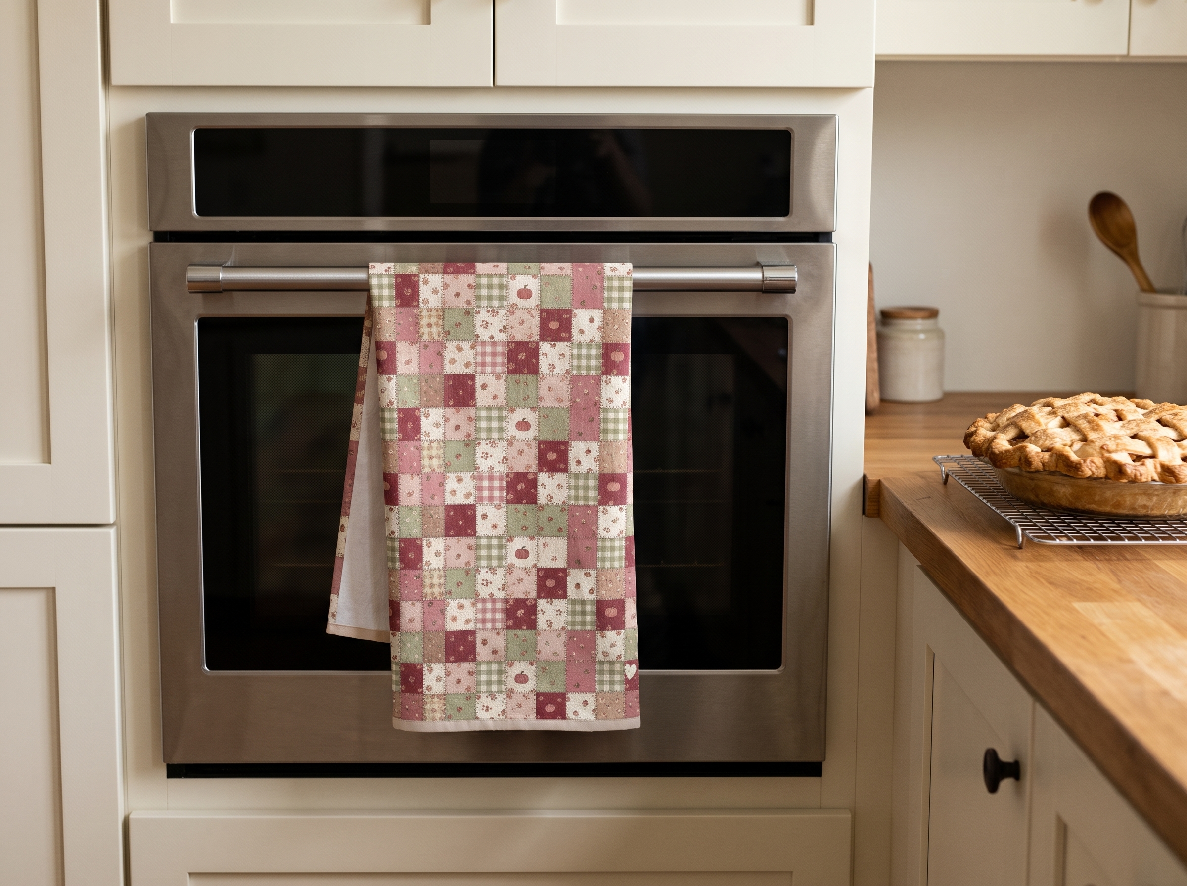 Rose Patchwork Tea Towel, Fall Quilt Look Kitchen Towel, Farmhouse Thanksgiving Hostess Gift