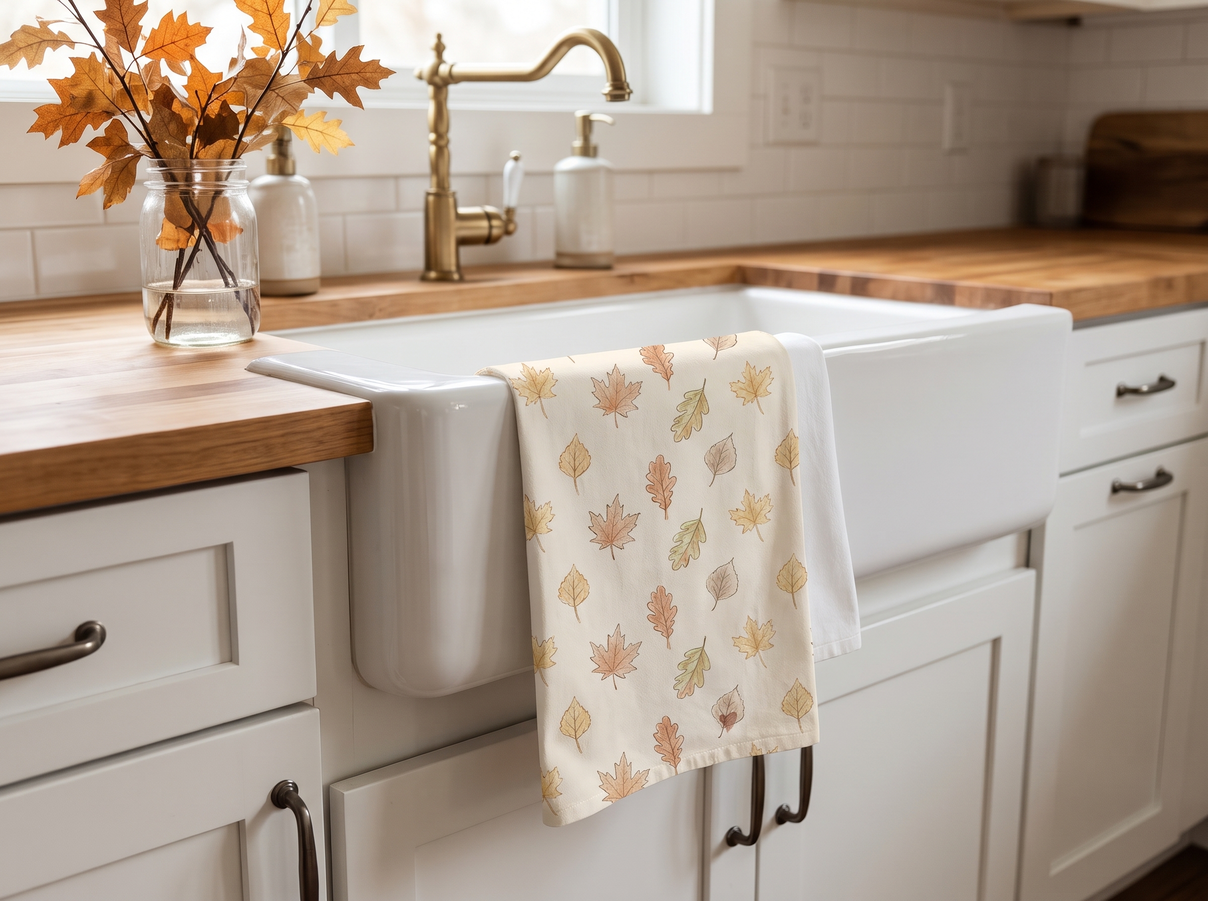 Watercolor Fall Leaves Tea Towel, Neutral Autumn Kitchen Towel, Farmhouse Thanksgiving Hostess Gift