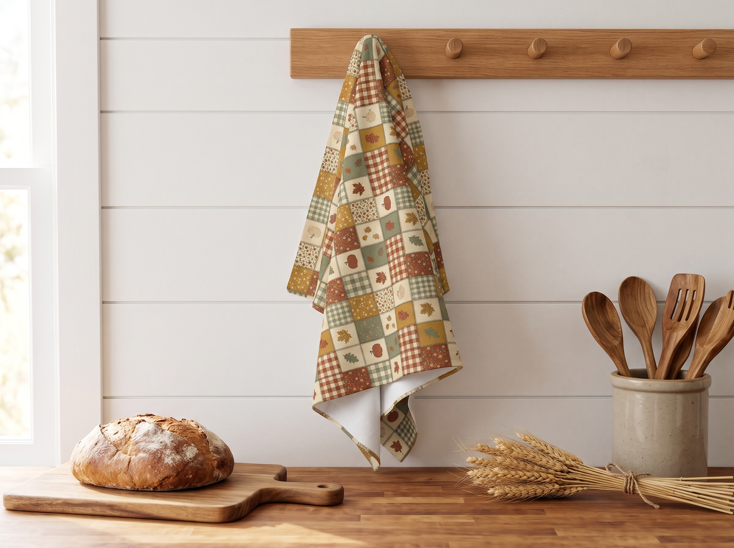 Harvest Patchwork Tea Towel, Mustard and Sage Fall Quilt Look Kitchen Towel, Thanksgiving Hostess Gift