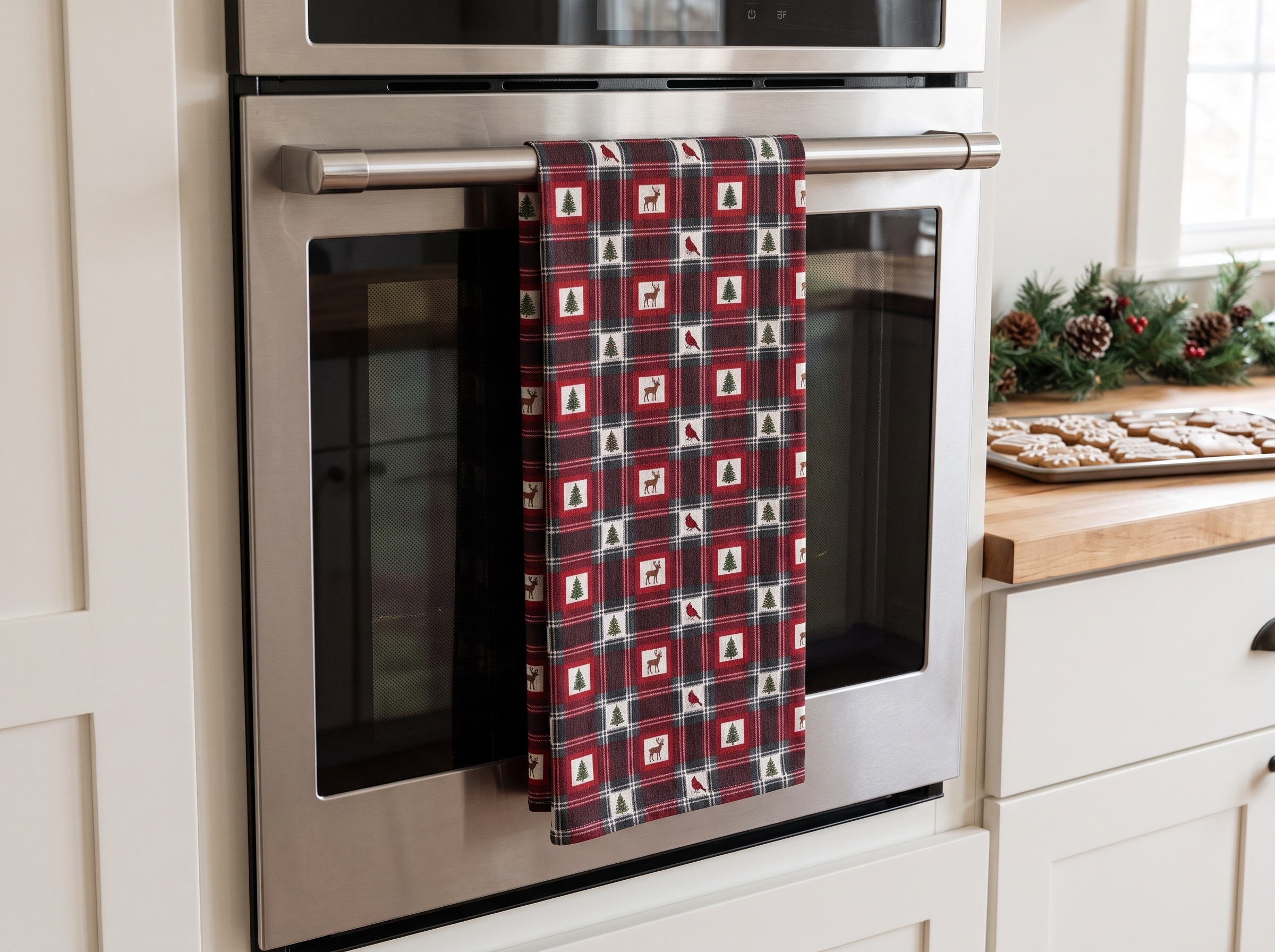 Buffalo Plaid Reindeer Tea Towel, Red and Black Christmas Kitchen Towel, Cabin Hostess Gift
