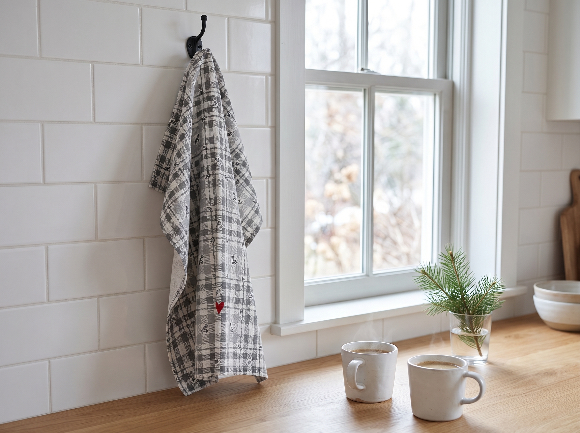 Woodland Grey Plaid Tea Towel, Neutral Winter Kitchen Towel, Cabin Farmhouse Hostess Gift