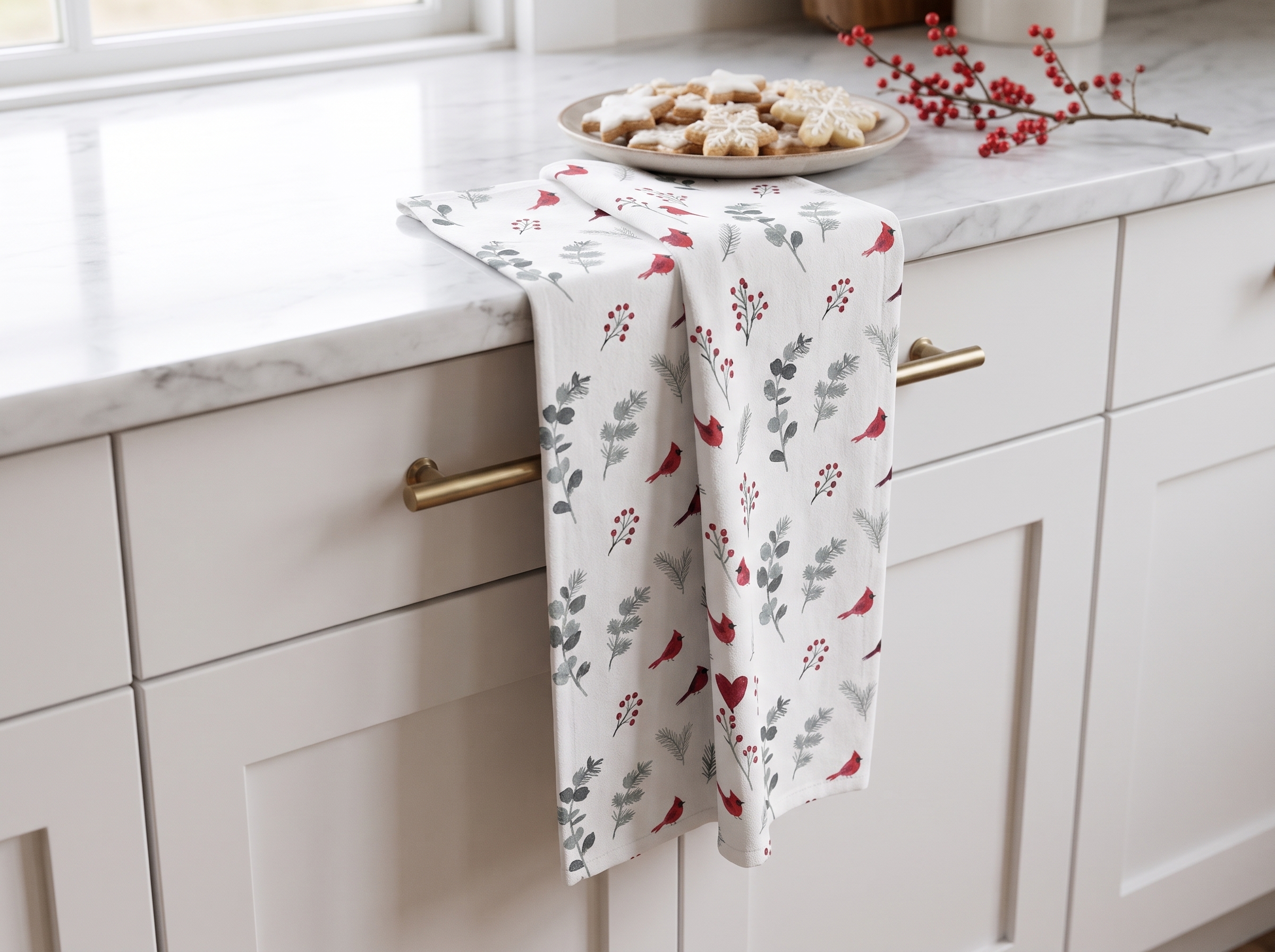 Cardinal Christmas Tea Towel, Watercolor Red Bird Kitchen Towel, Holiday Hostess Gift