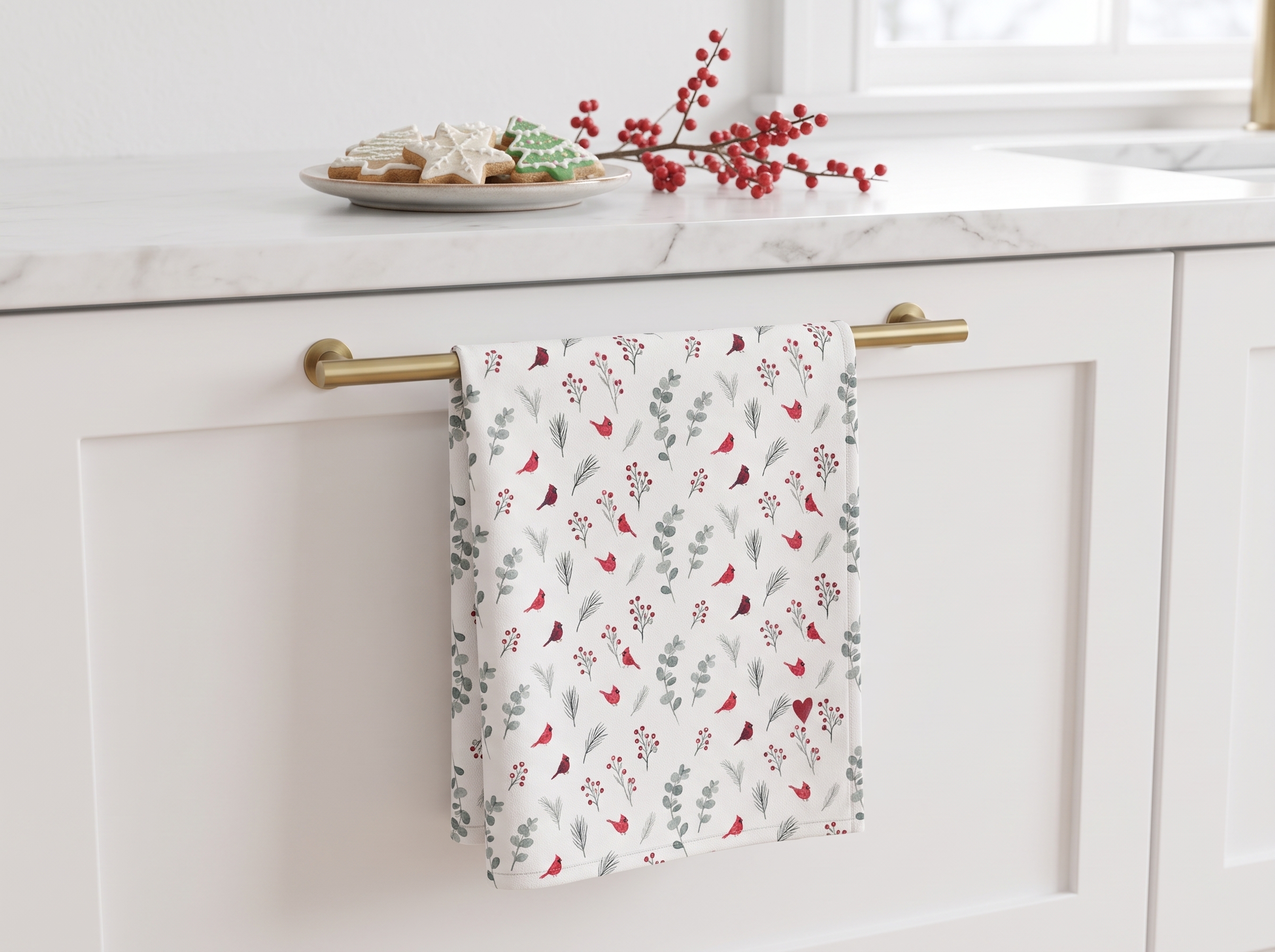 Cardinal Christmas Tea Towel, Watercolor Red Bird Kitchen Towel, Holiday Hostess Gift - Image 2