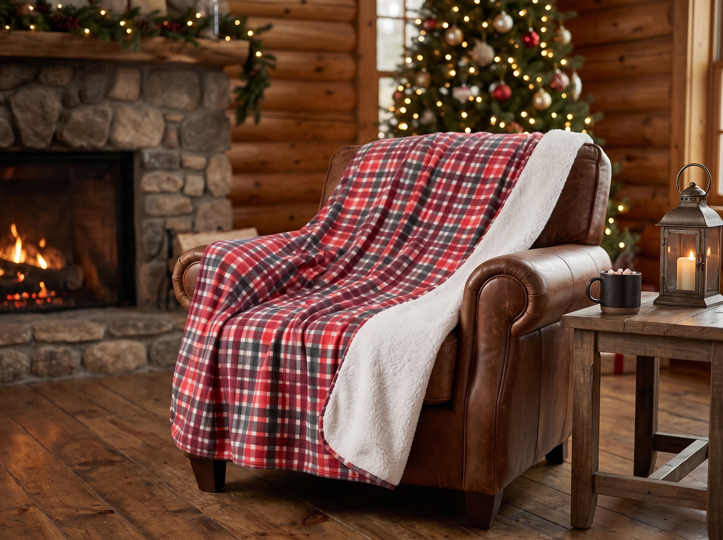 Red and Black Plaid Sherpa Blanket, Watercolor Buffalo Check Christmas Throw, Cozy Cabin Fleece Blanket