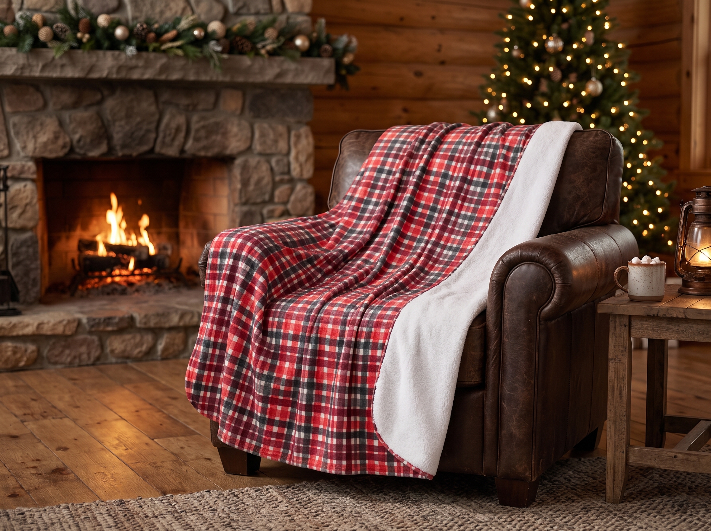 Red and Black Plaid Sherpa Blanket, Watercolor Buffalo Check Christmas Throw, Cozy Cabin Fleece Blanket - Image 2