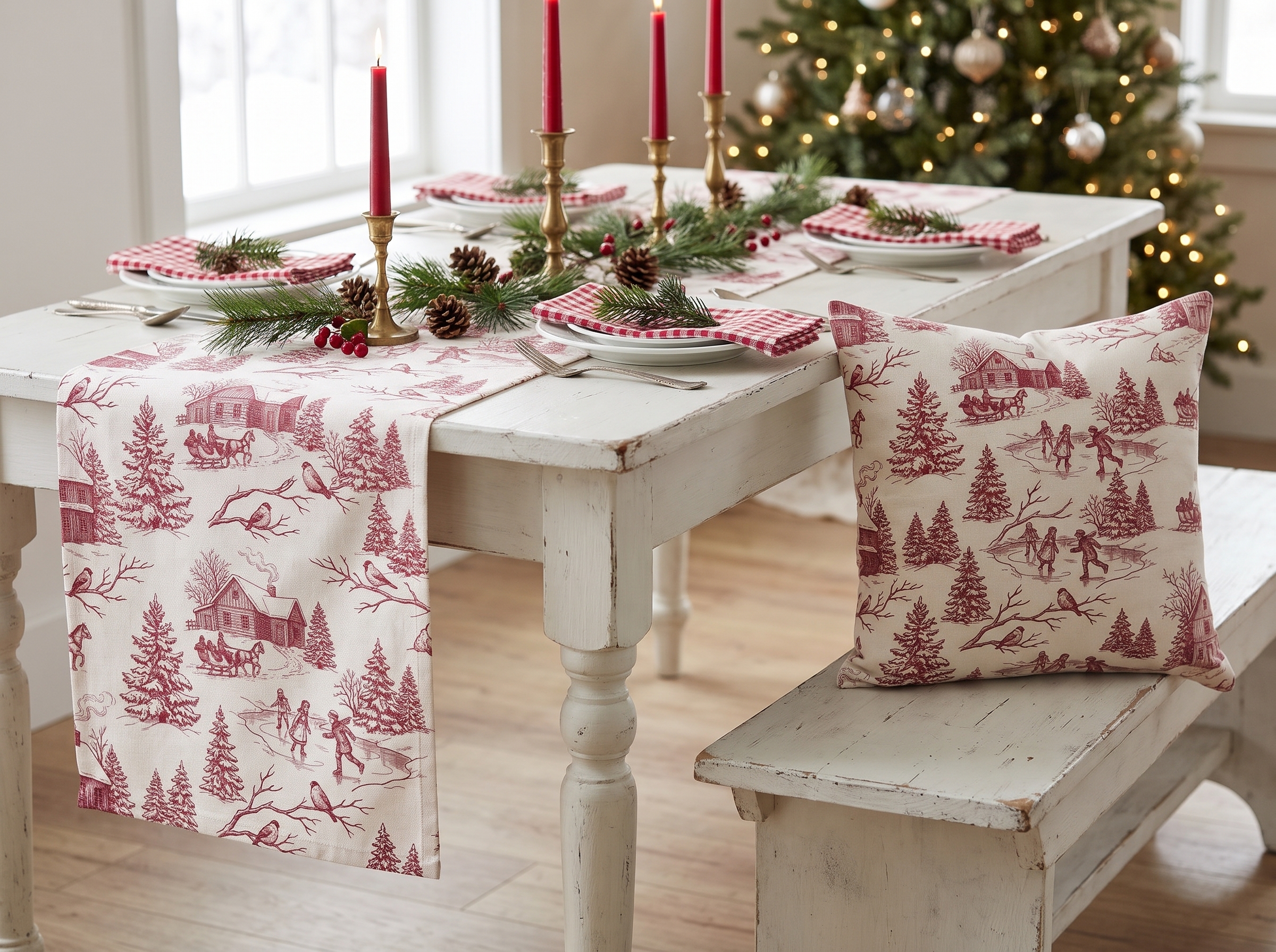 Red Toile Christmas Table Runner, Winter Toile Table Decor, French Country Holiday Runner