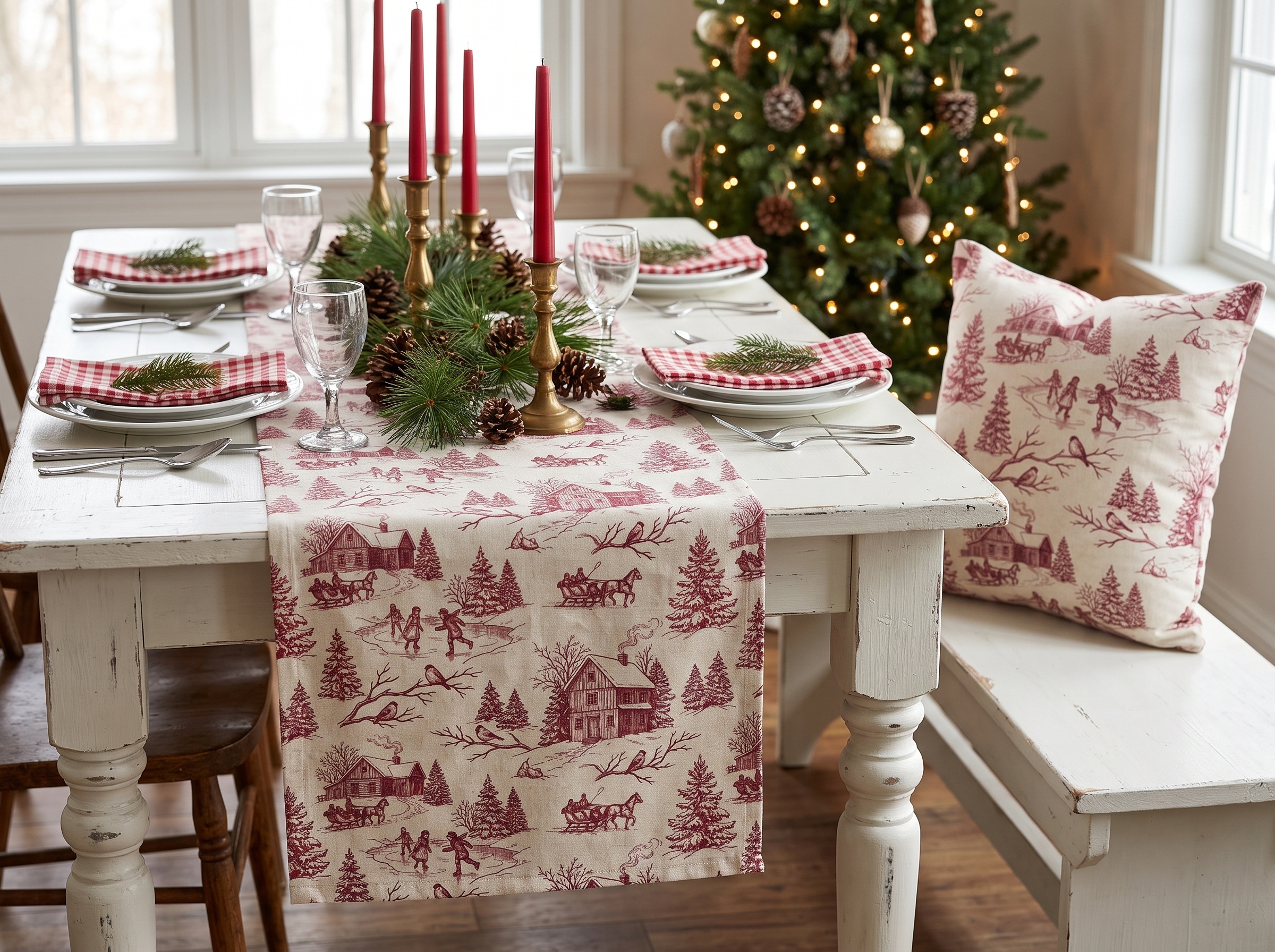 Red Toile Christmas Table Runner, Winter Toile Table Decor, French Country Holiday Runner - Image 2