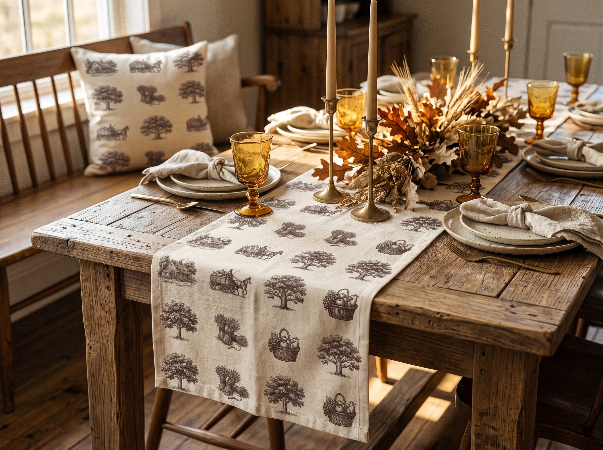 Vintage Harvest Toile Table Runner, Farmhouse Thanksgiving Table Decor, Fall Toile Runner