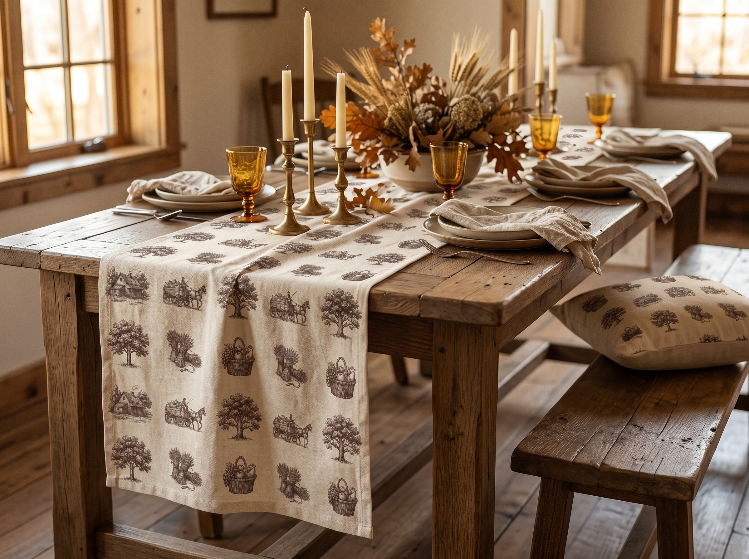 Vintage Harvest Toile Table Runner, Farmhouse Thanksgiving Table Decor, Fall Toile Runner - Image 2