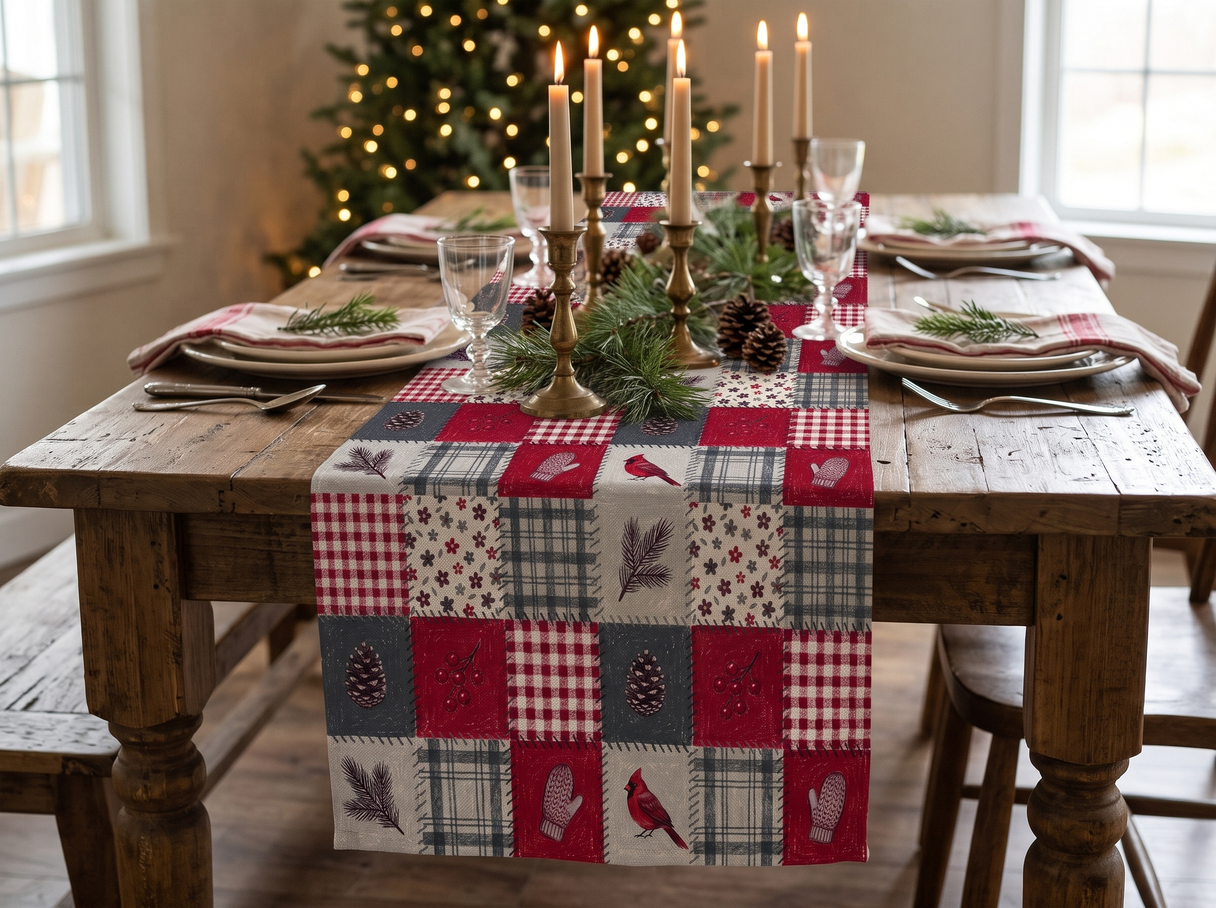 Christmas Patchwork Cardinal Table Runner, Quilt Look Cabin Holiday Table Decor