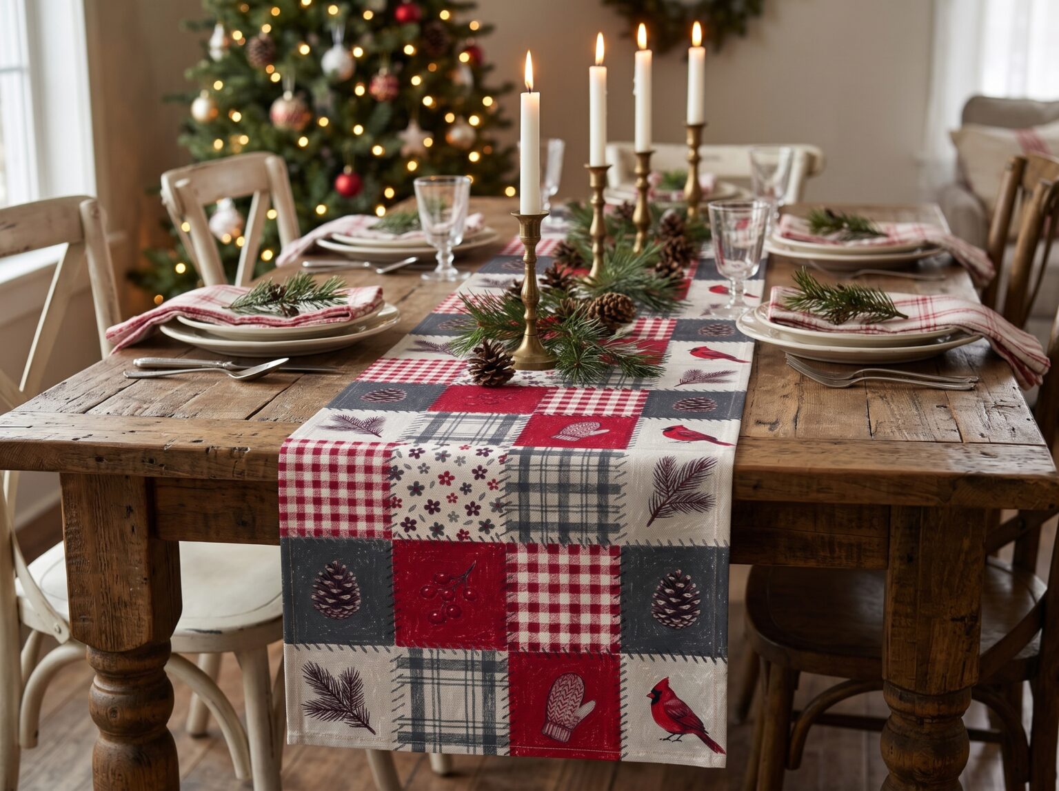 Christmas Patchwork Cardinal Table Runner, Quilt Look Cabin Holiday Table Decor - Image 2