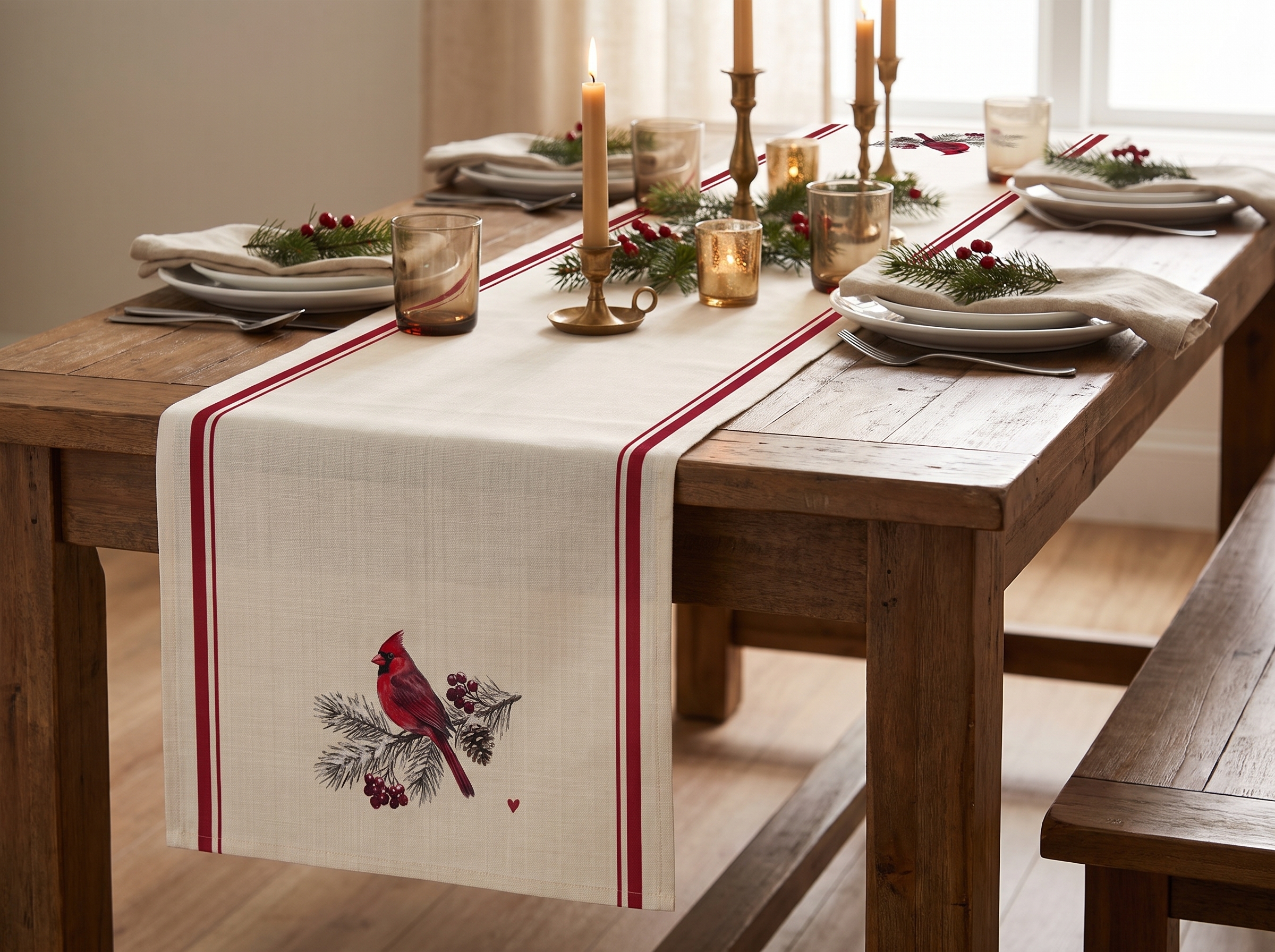 Cardinal Table Runner, French Stripe Christmas Table Decor, Linen Look Farmhouse Winter Runner
