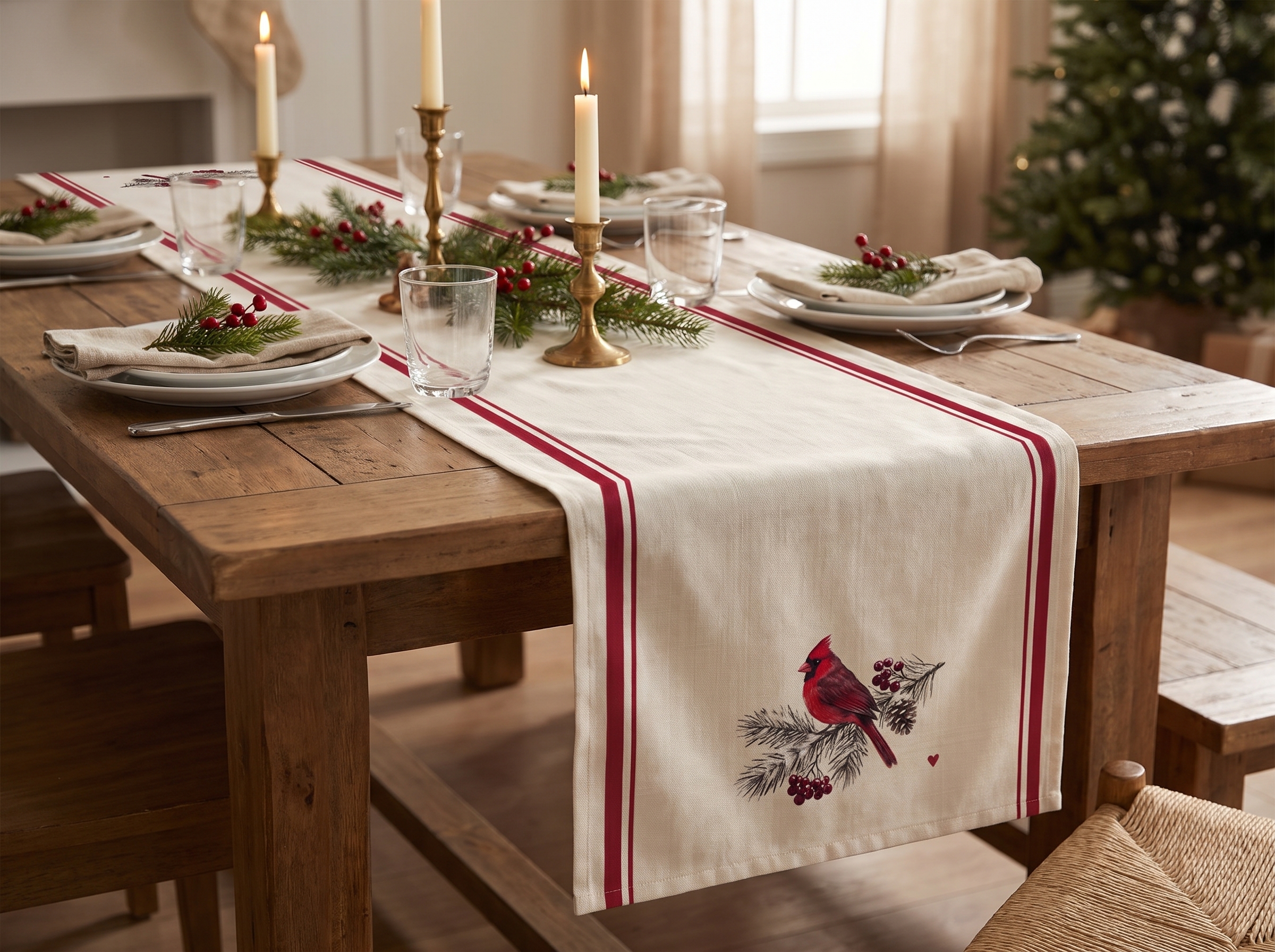 Cardinal Table Runner, French Stripe Christmas Table Decor, Linen Look Farmhouse Winter Runner - Image 2