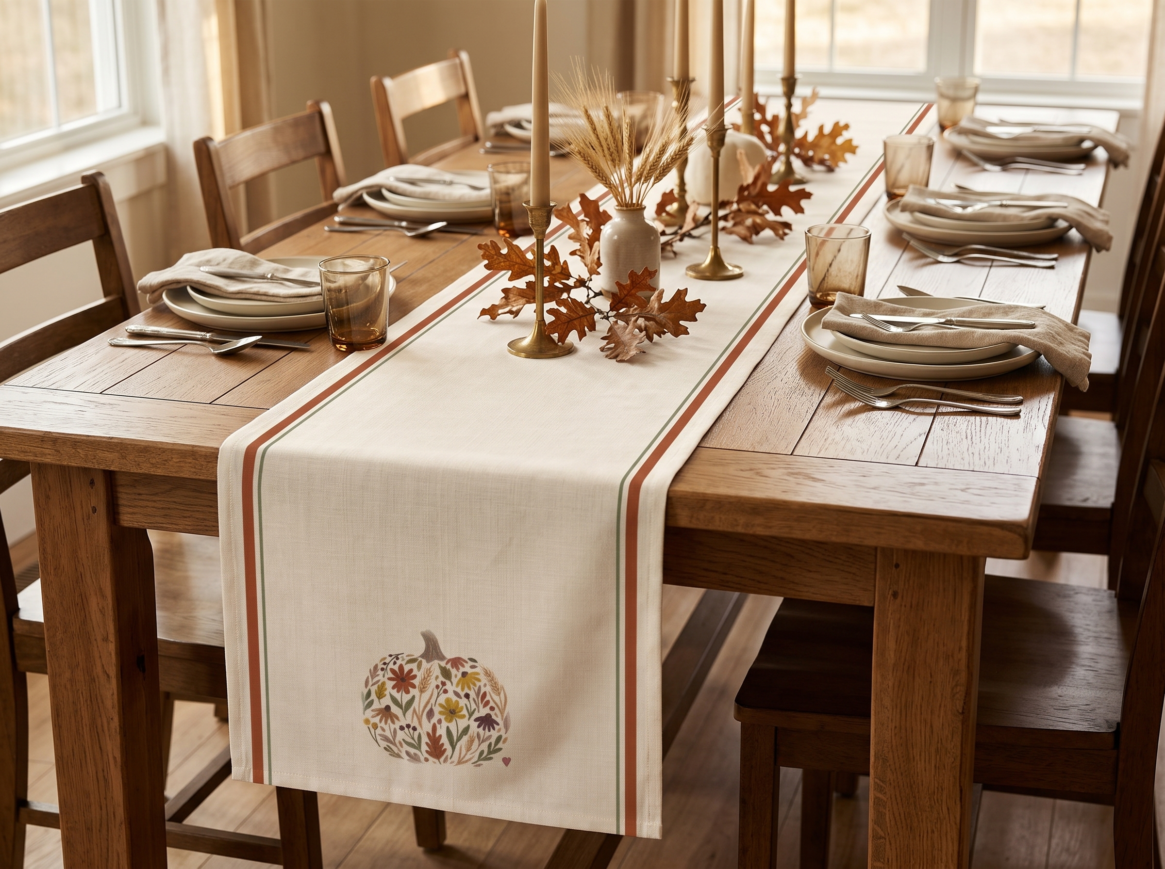 Floral Pumpkin Table Runner, French Stripe Fall Table Decor, Farmhouse Thanksgiving Runner