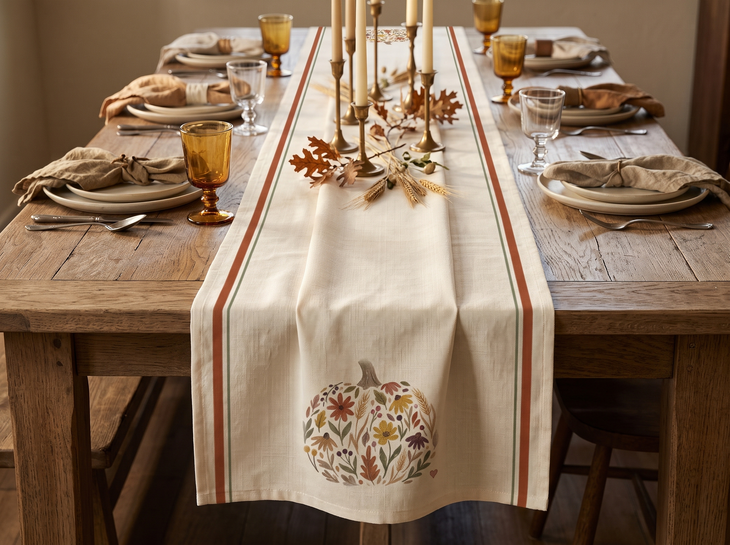 Floral Pumpkin Table Runner, French Stripe Fall Table Decor, Farmhouse Thanksgiving Runner - Image 2