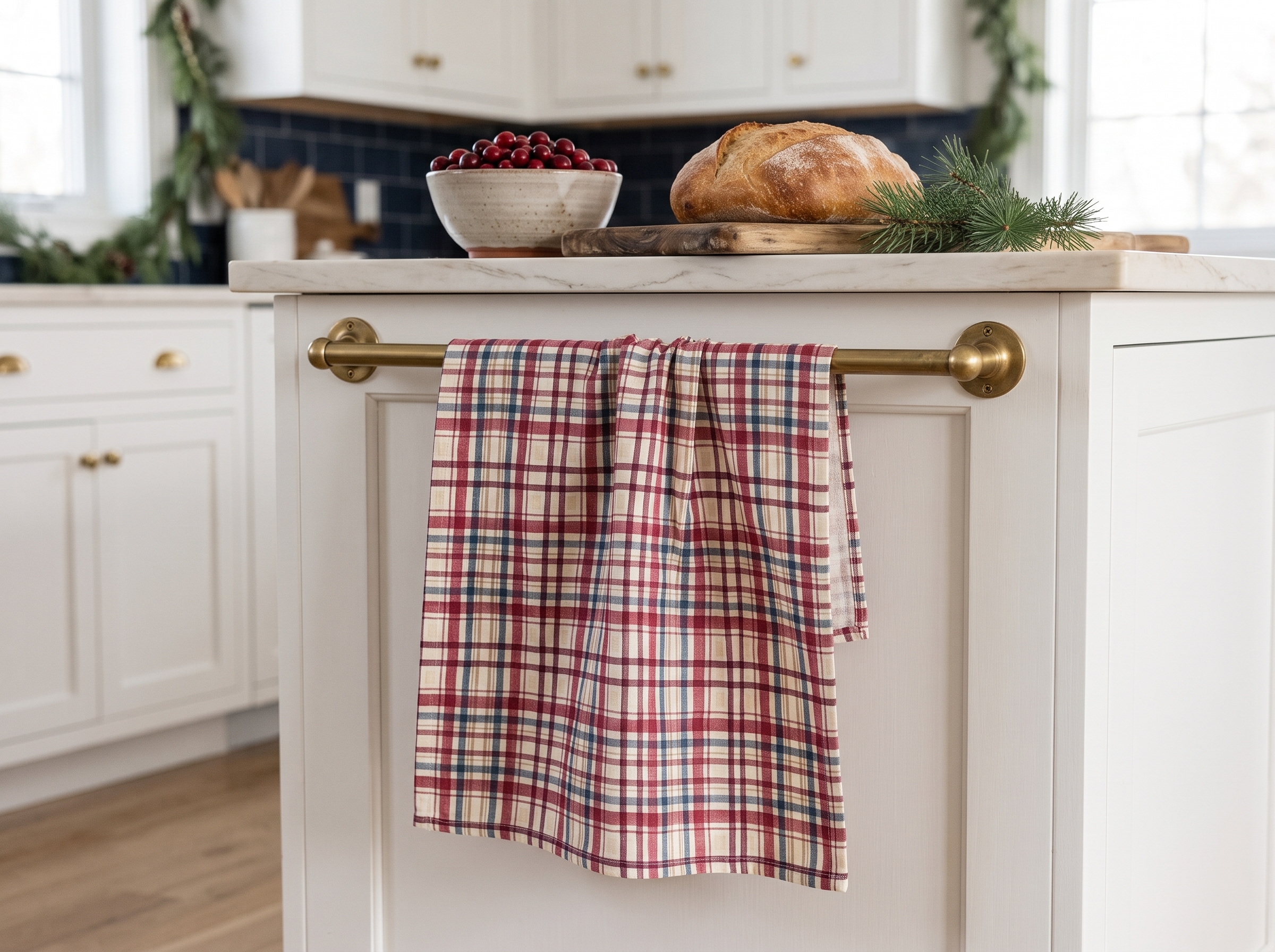 Cranberry and Navy Plaid Tea Towel, Watercolor Check Kitchen Towel, Farmhouse Holiday Decor, Hostess Gift