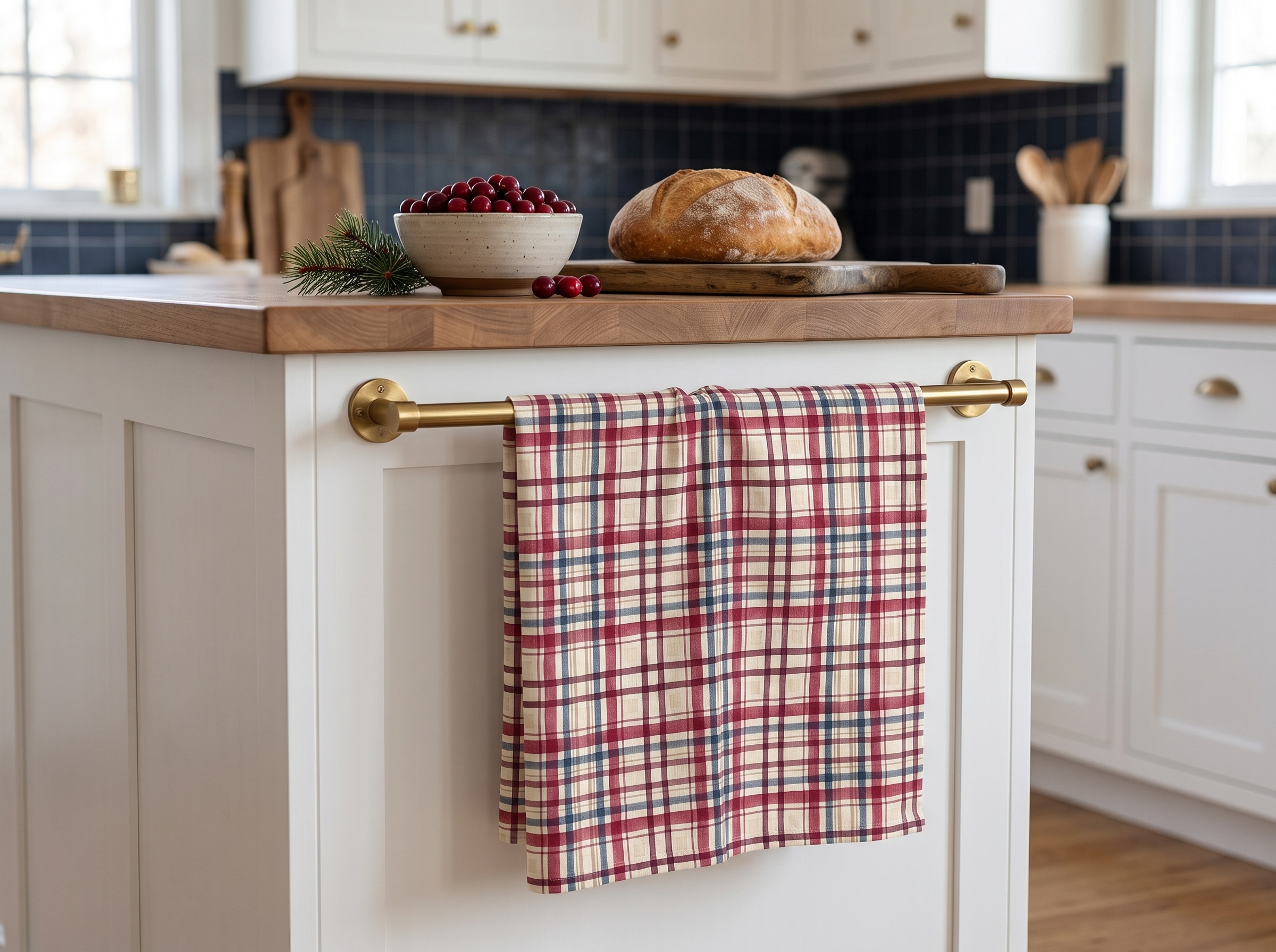 Cranberry and Navy Plaid Tea Towel, Watercolor Check Kitchen Towel, Farmhouse Holiday Decor, Hostess Gift - Image 2