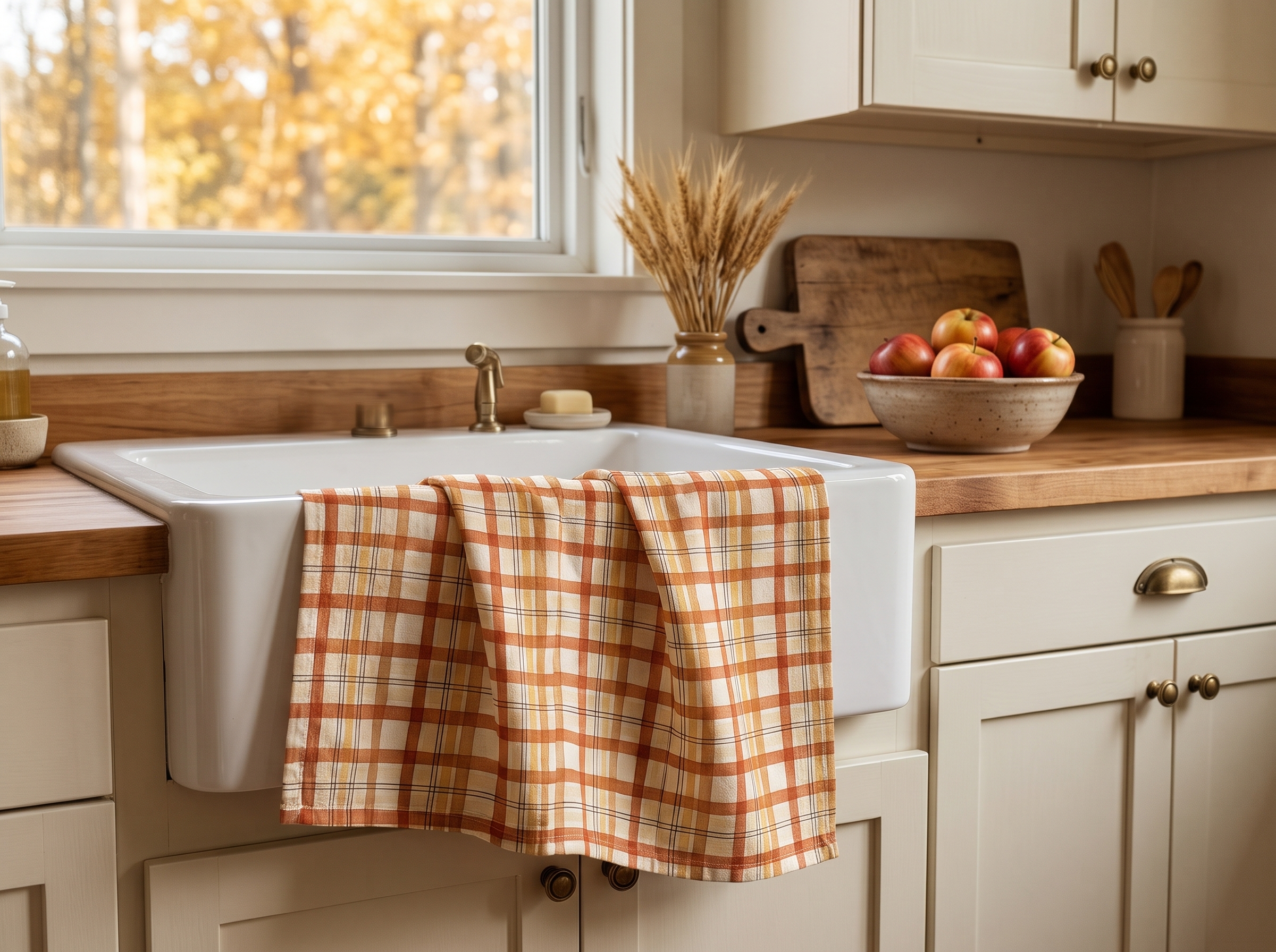 Watercolor Fall Plaid Tea Towel, Rust and Mustard Check Kitchen Towel, Farmhouse Thanksgiving Hostess Gift