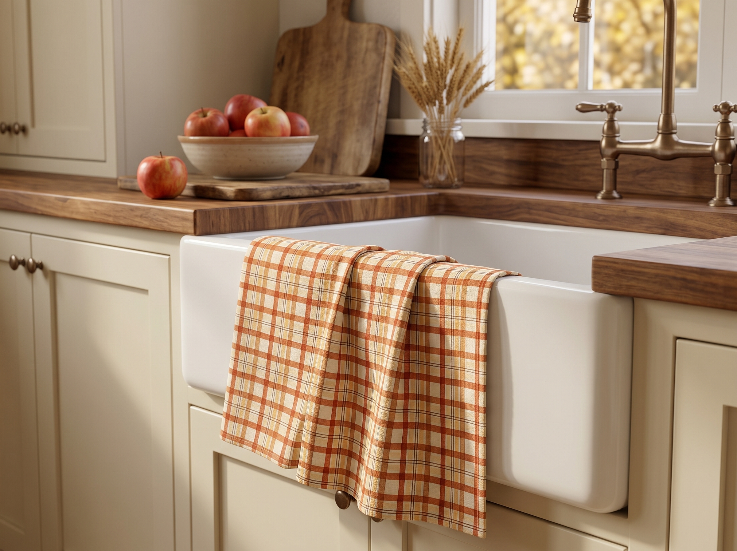 Watercolor Fall Plaid Tea Towel, Rust and Mustard Check Kitchen Towel, Farmhouse Thanksgiving Hostess Gift - Image 2