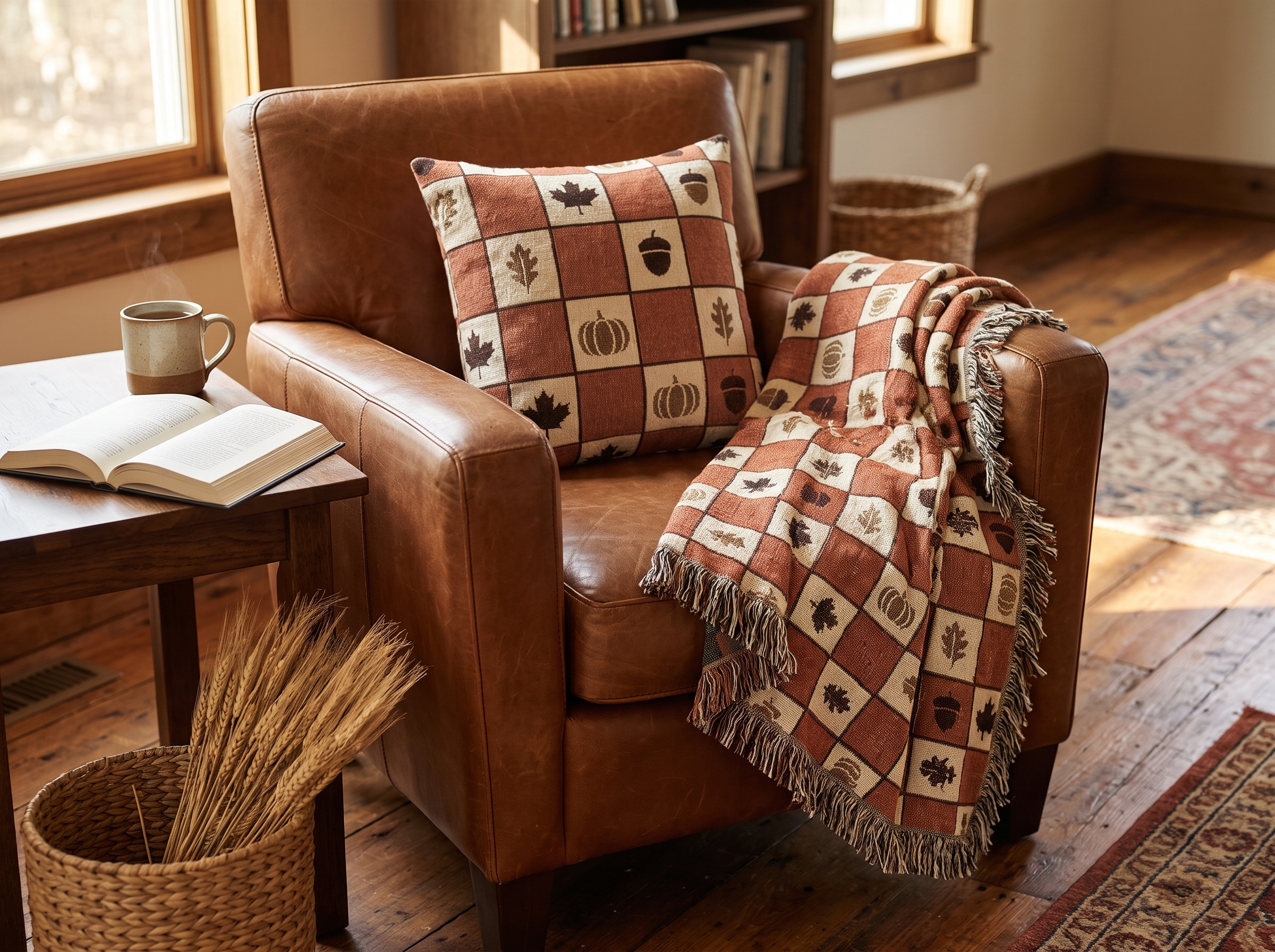 Fall Harvest Check Woven Pillow, Rust and Cream Throw Pillow, Jacquard Thanksgiving Accent Pillow