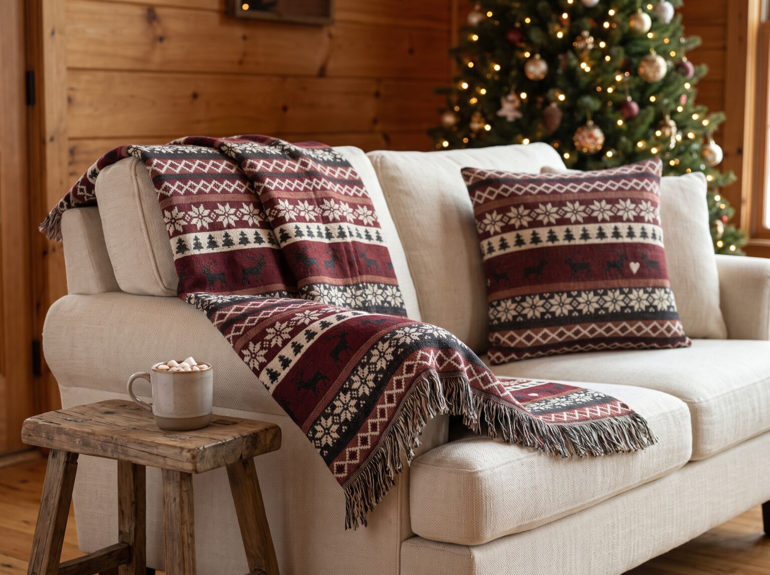 Fair Isle Woven Pillow, Nordic Reindeer Christmas Throw Pillow, Red Jacquard Holiday Accent Pillow