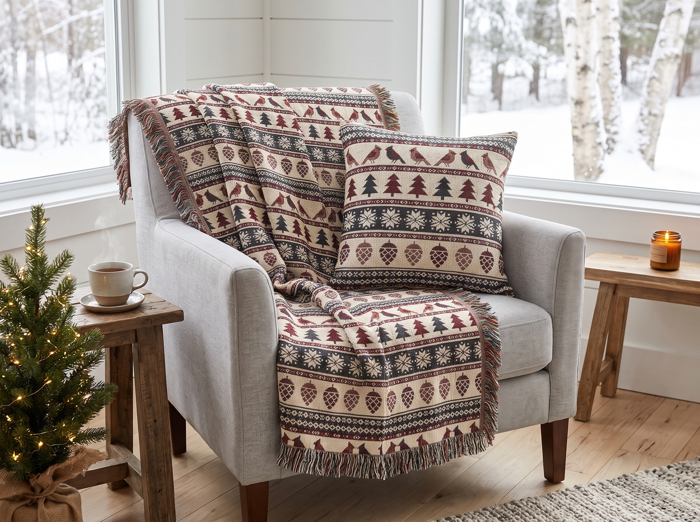 Nordic Cardinal Woven Blanket, Scandinavian Folk Christmas Throw, Cotton Jacquard Winter Blanket