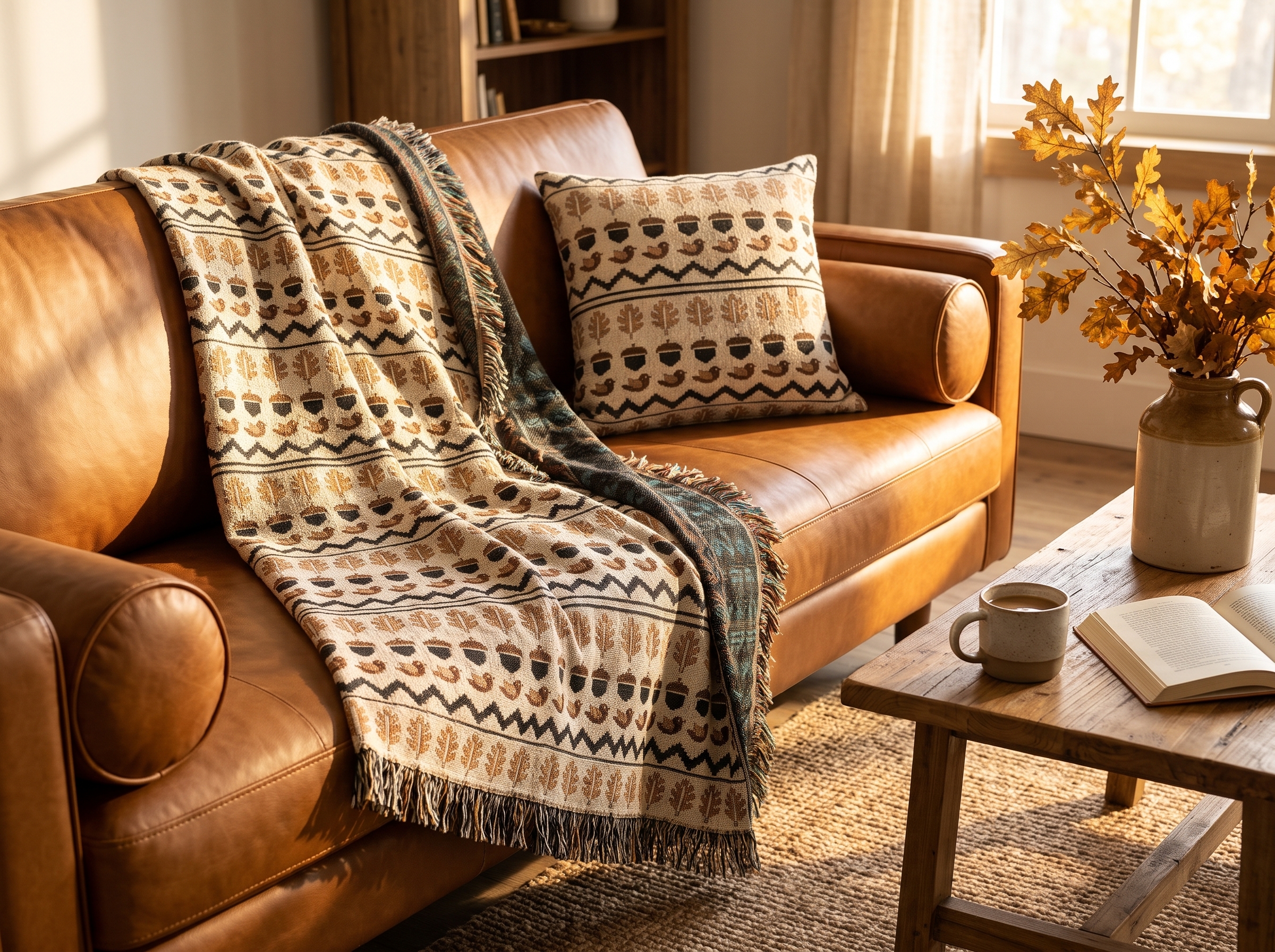 Autumn Folk Fair Isle Woven Pillow, Mustard and Rust Fall Throw Pillow, Jacquard Accent Pillow