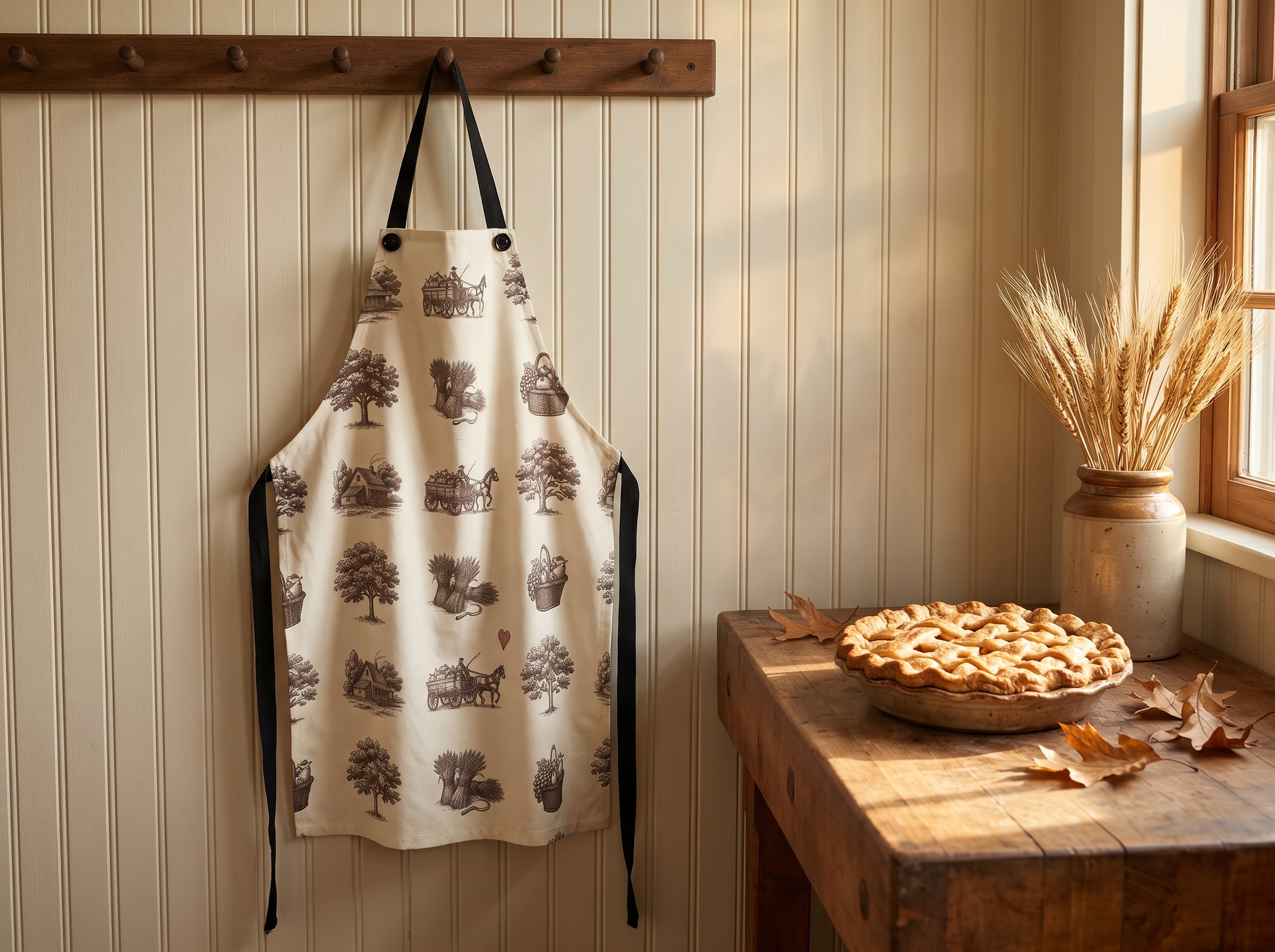 Vintage Harvest Toile Apron, Farmhouse Fall Kitchen Apron, Thanksgiving Baking Gift