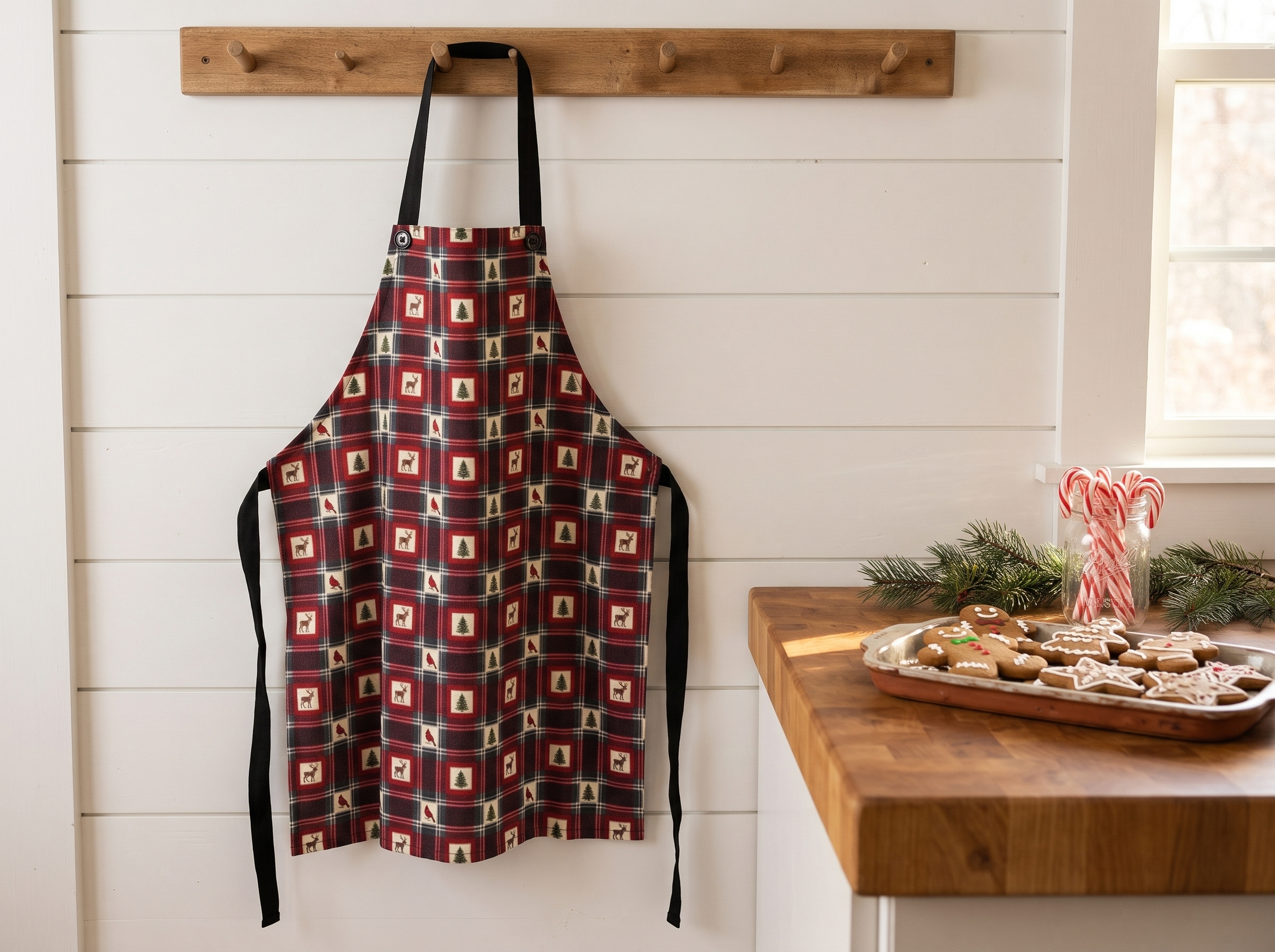 Buffalo Plaid Reindeer Apron, Red and Black Christmas Kitchen Apron, Cabin Holiday Baking Gift