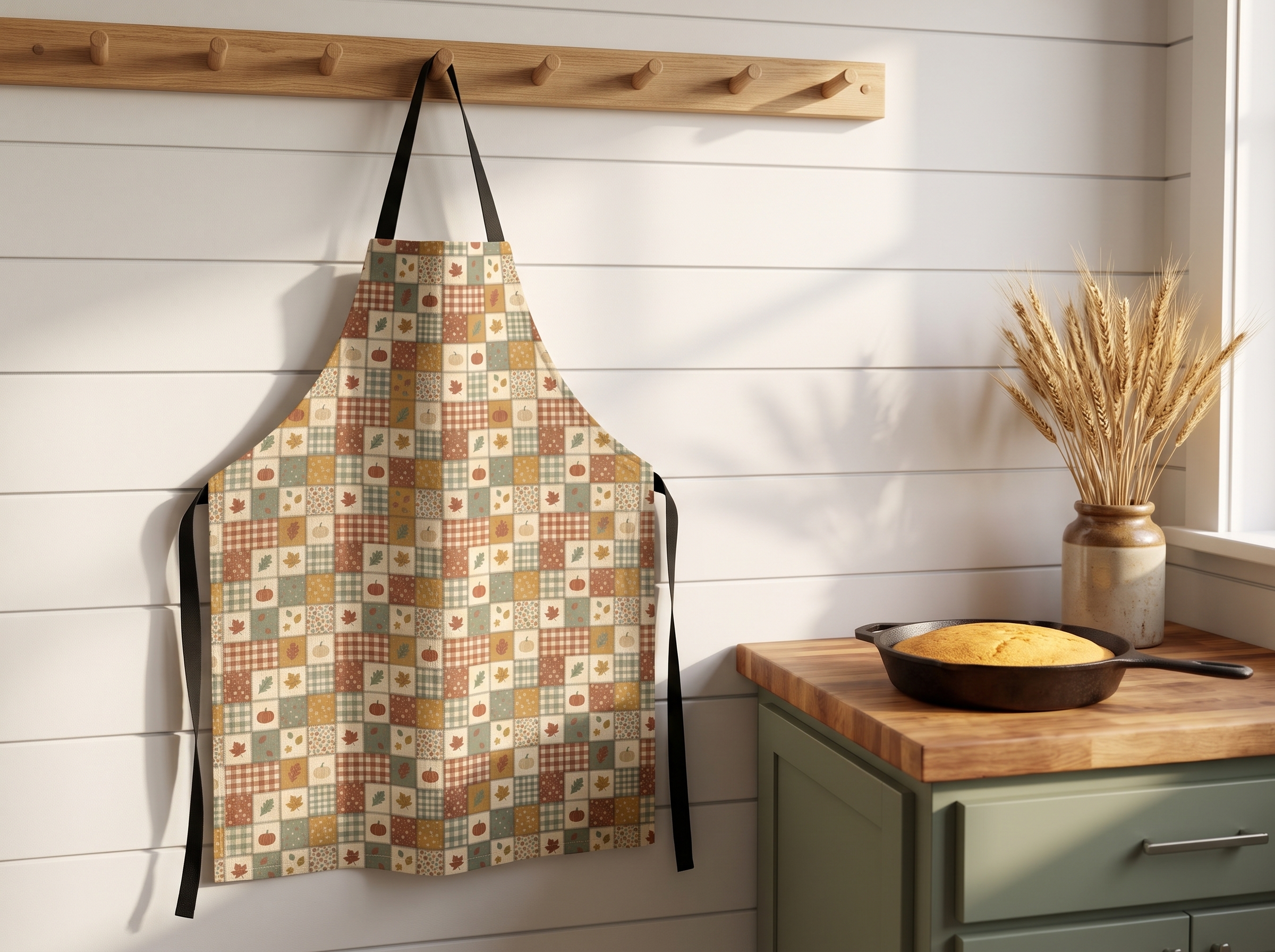 Harvest Patchwork Apron, Mustard and Sage Fall Quilt Look Kitchen Apron, Thanksgiving Baking Gift
