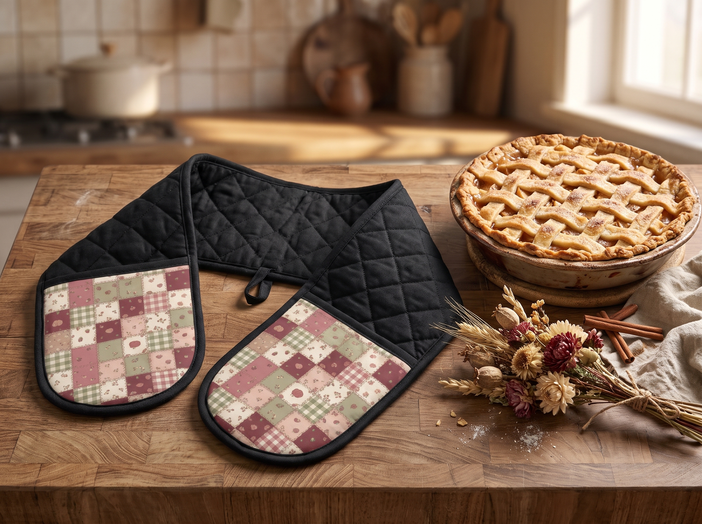 Rose Patchwork Oven Mitt, Fall Quilt Look Double Oven Glove, Farmhouse Thanksgiving Kitchen Gift