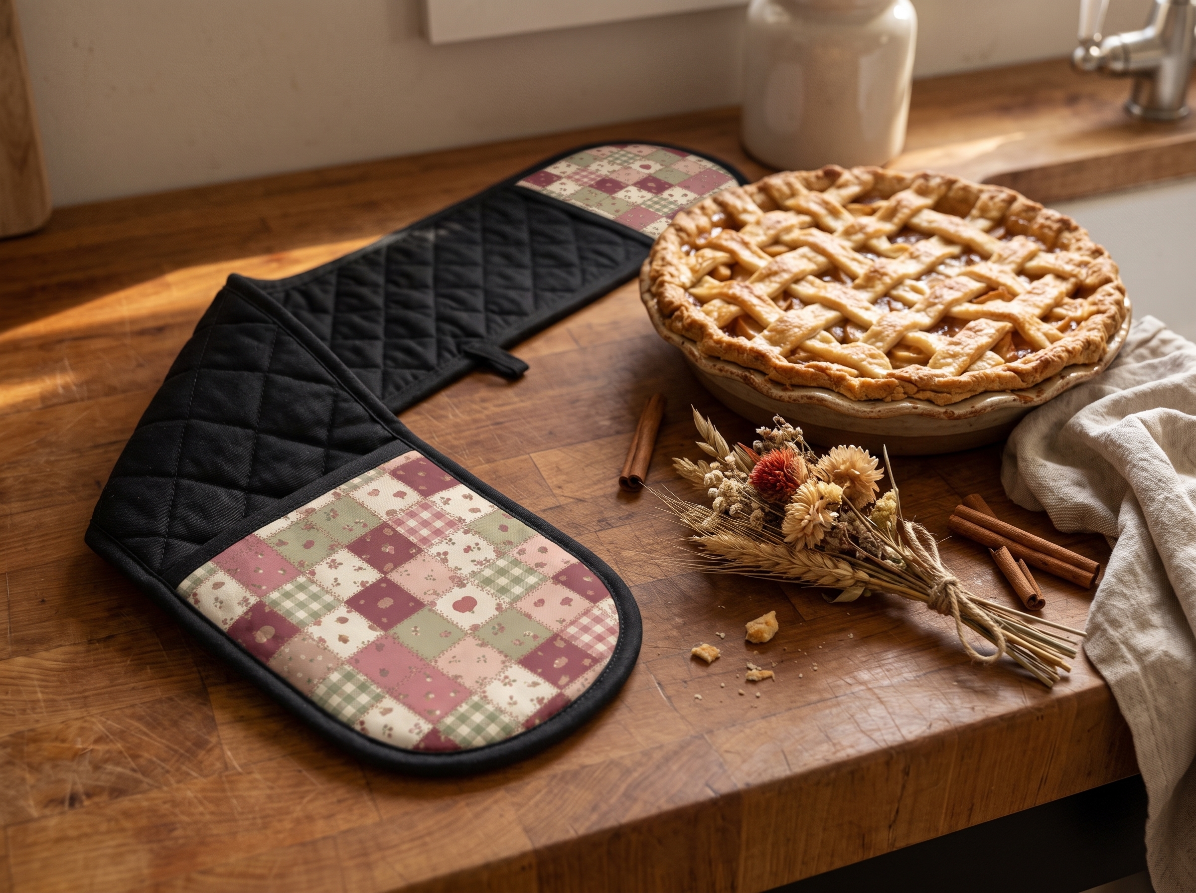 Rose Patchwork Oven Mitt, Fall Quilt Look Double Oven Glove, Farmhouse Thanksgiving Kitchen Gift - Image 2