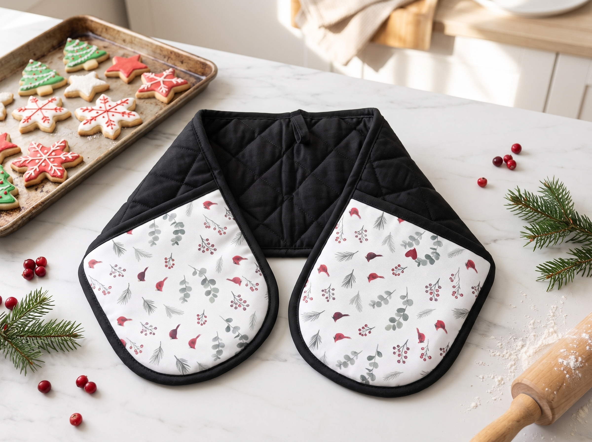 Cardinal Christmas Oven Mitt, Watercolor Red Bird Double Oven Glove, Holiday Baker Gift
