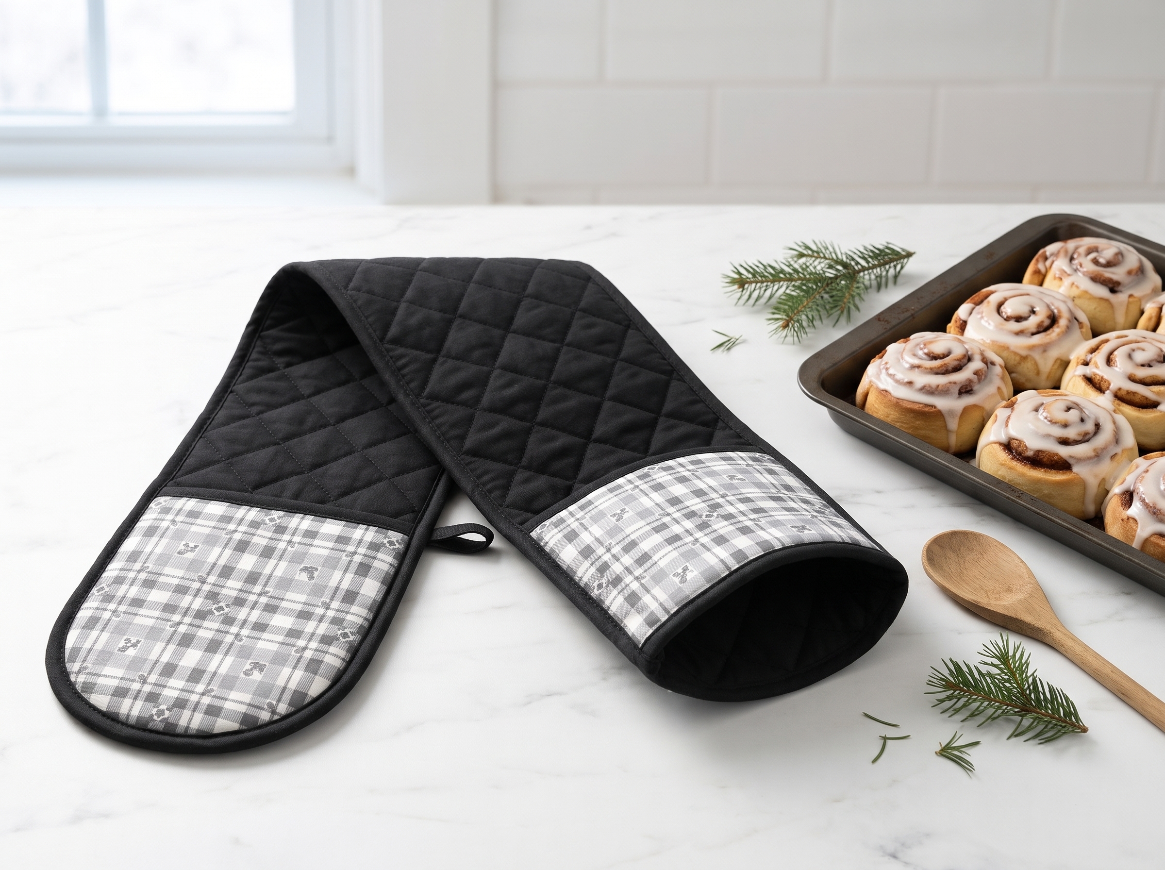 Woodland Grey Plaid Oven Mitt, Neutral Winter Double Oven Glove, Cabin Farmhouse Baker Gift