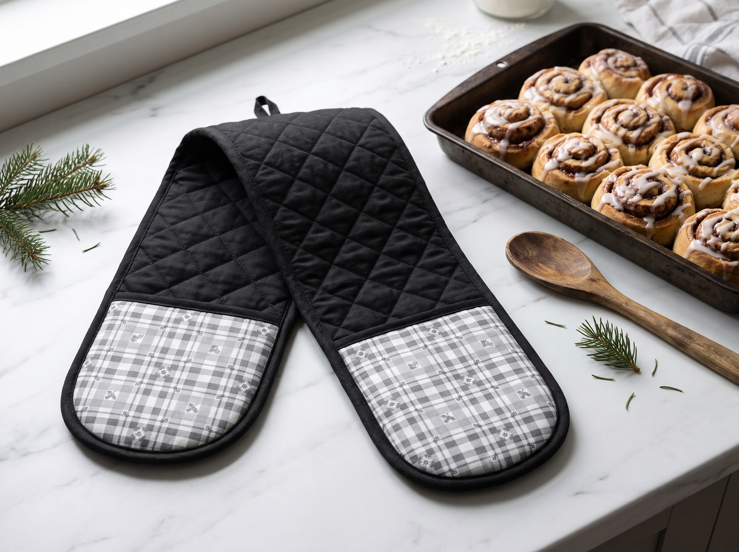 Woodland Grey Plaid Oven Mitt, Neutral Winter Double Oven Glove, Cabin Farmhouse Baker Gift - Image 2