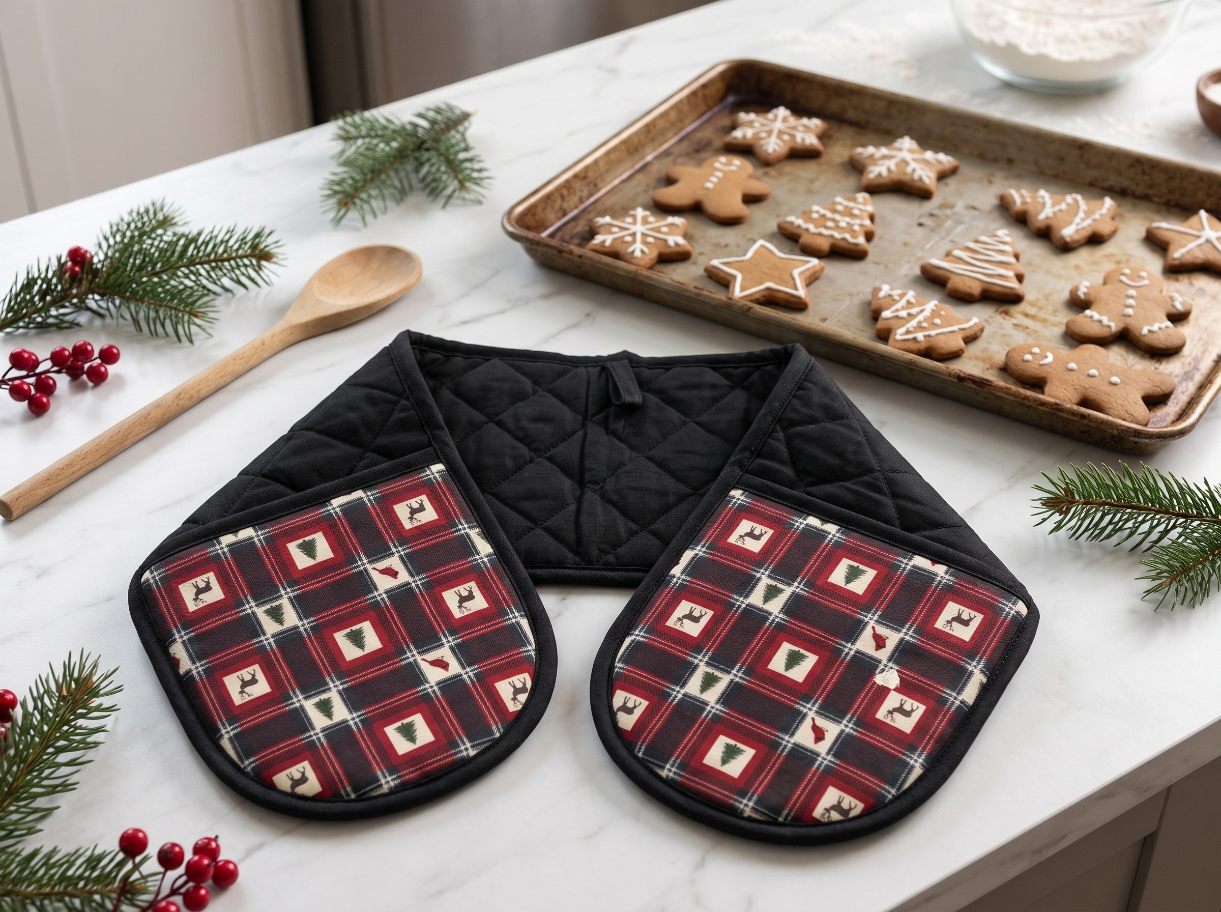 Buffalo Plaid Reindeer Oven Mitt, Red and Black Christmas Double Oven Glove, Cabin Baker Gift