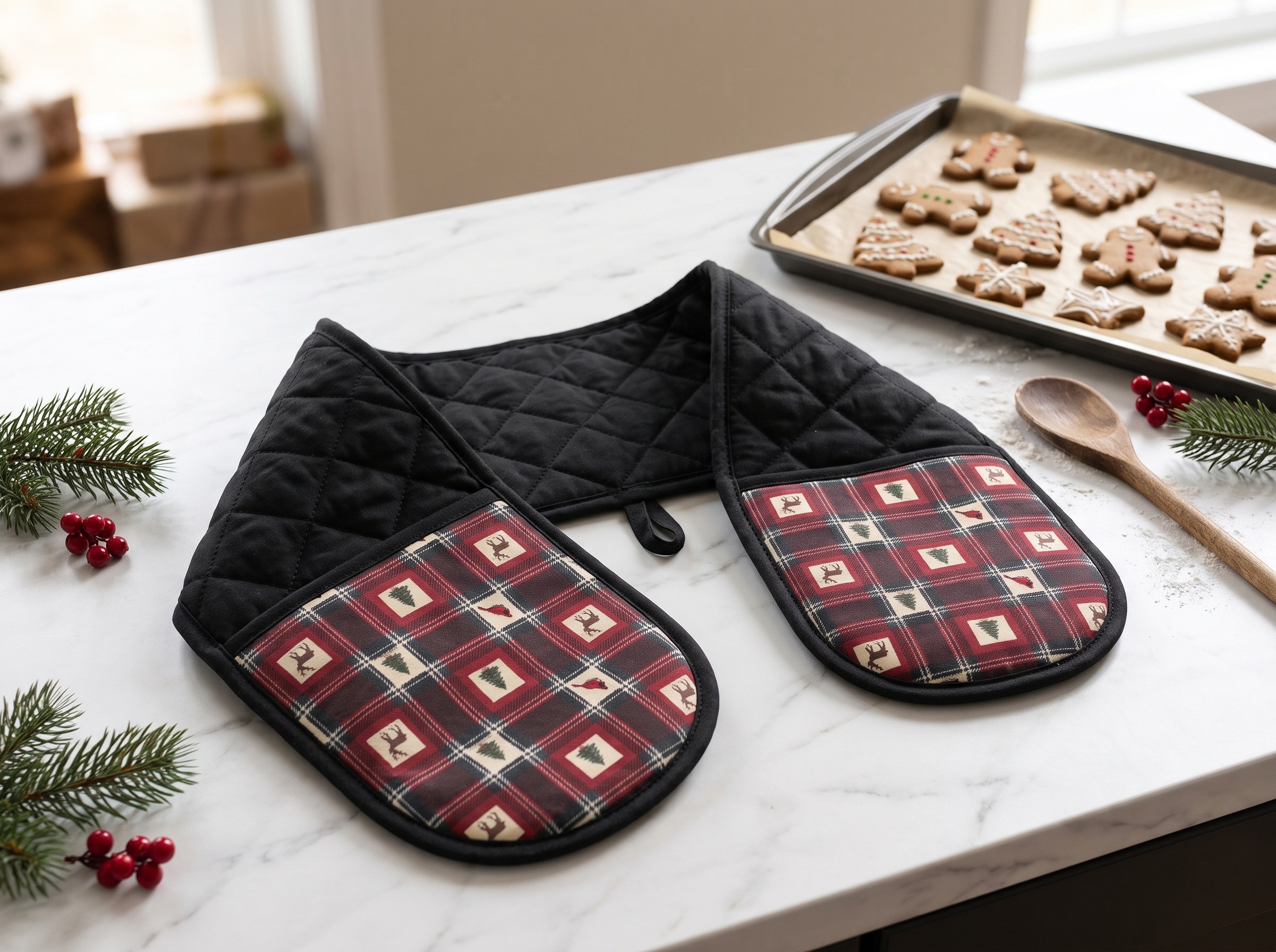 Buffalo Plaid Reindeer Oven Mitt, Red and Black Christmas Double Oven Glove, Cabin Baker Gift - Image 2