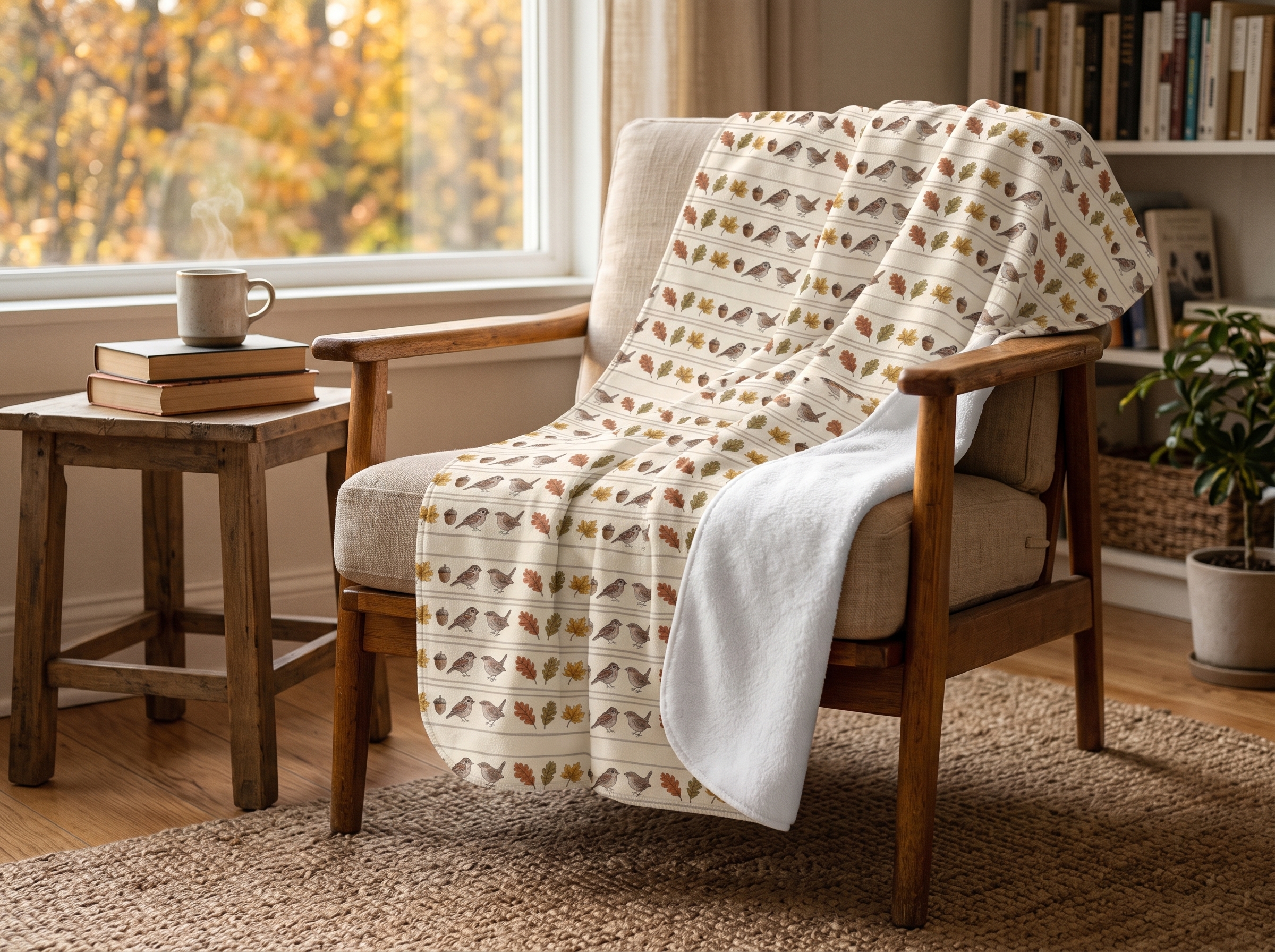 Fall Sparrow Sherpa Blanket, Hand-Drawn Bird Autumn Throw, Cozy Thanksgiving Blanket