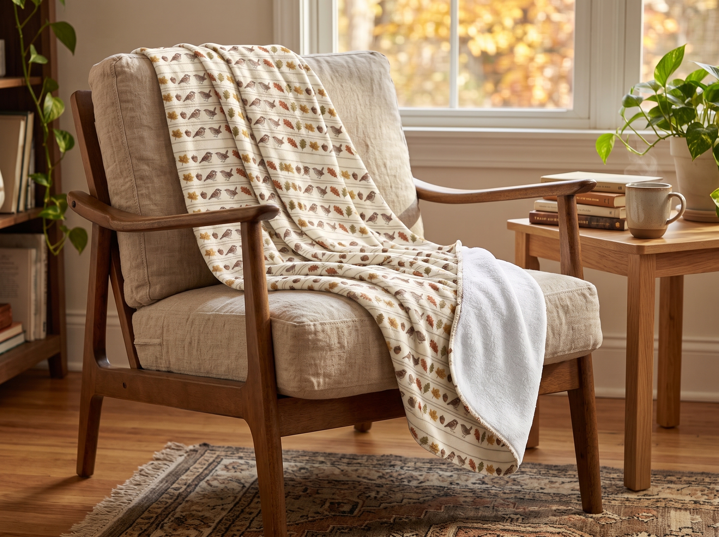 Fall Sparrow Sherpa Blanket, Hand-Drawn Bird Autumn Throw, Cozy Thanksgiving Blanket - Image 2