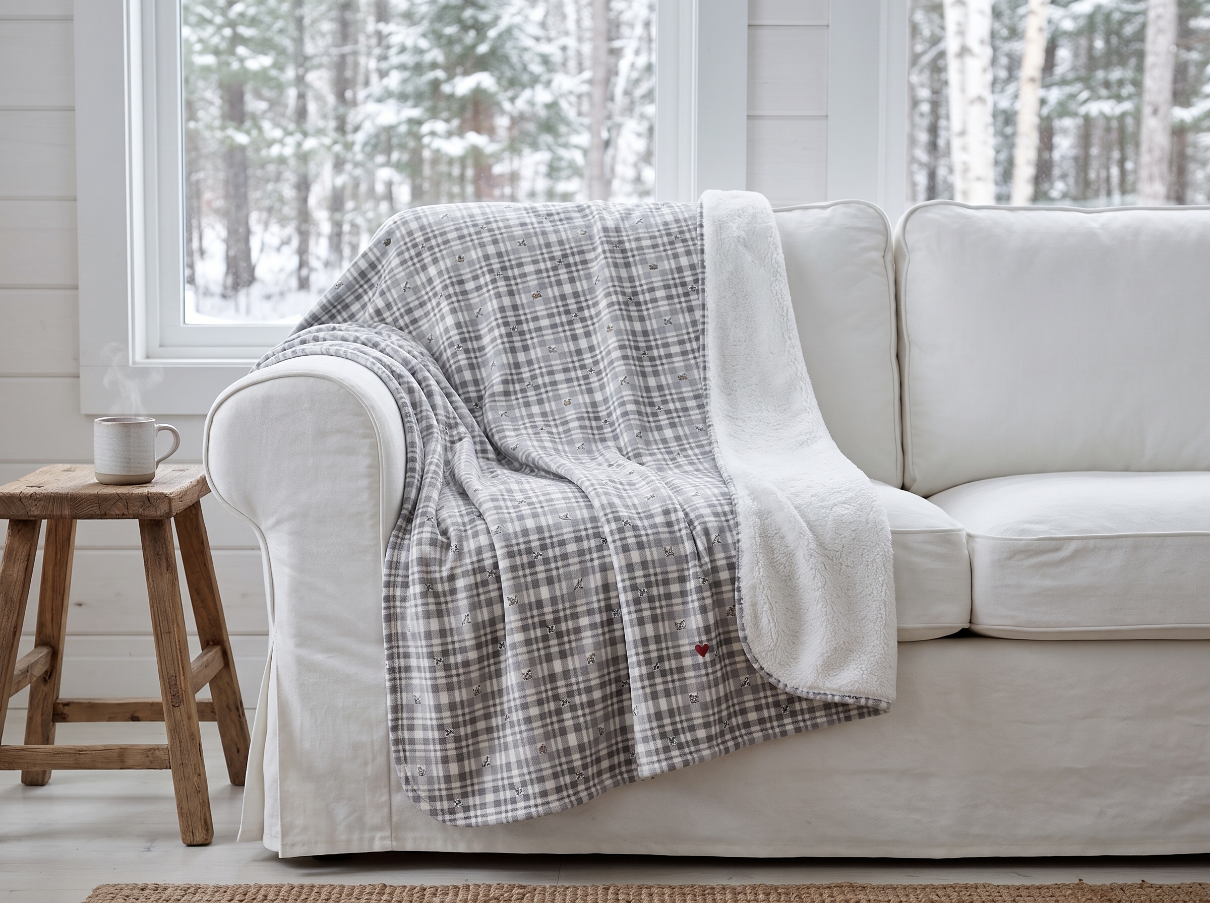 Woodland Grey Plaid Sherpa Blanket, Neutral Winter Throw, Cozy Cabin Christmas Blanket