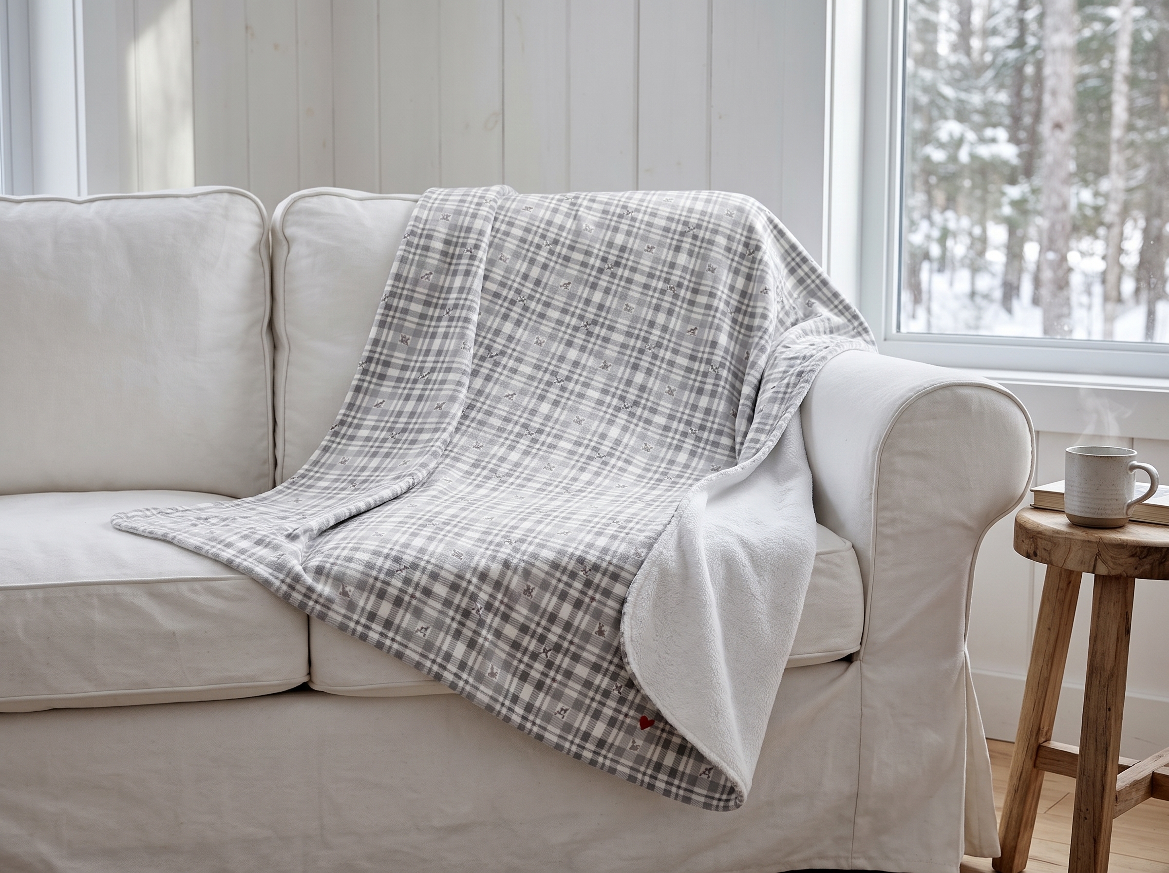 Woodland Grey Plaid Sherpa Blanket, Neutral Winter Throw, Cozy Cabin Christmas Blanket - Image 2