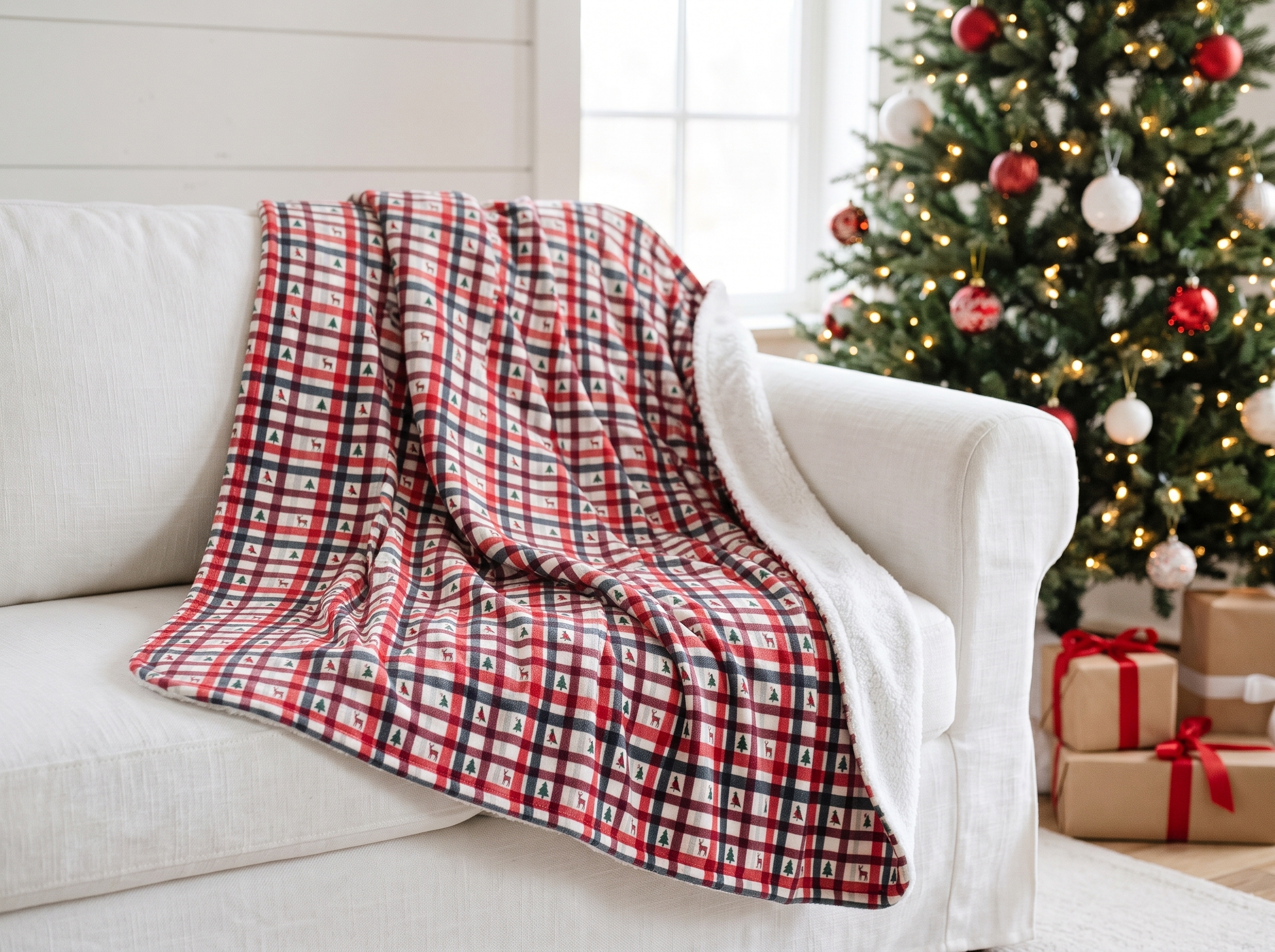 Red and White Christmas Plaid Sherpa Blanket, Reindeer Cabin Throw, Holiday Fleece Blanket - Image 2